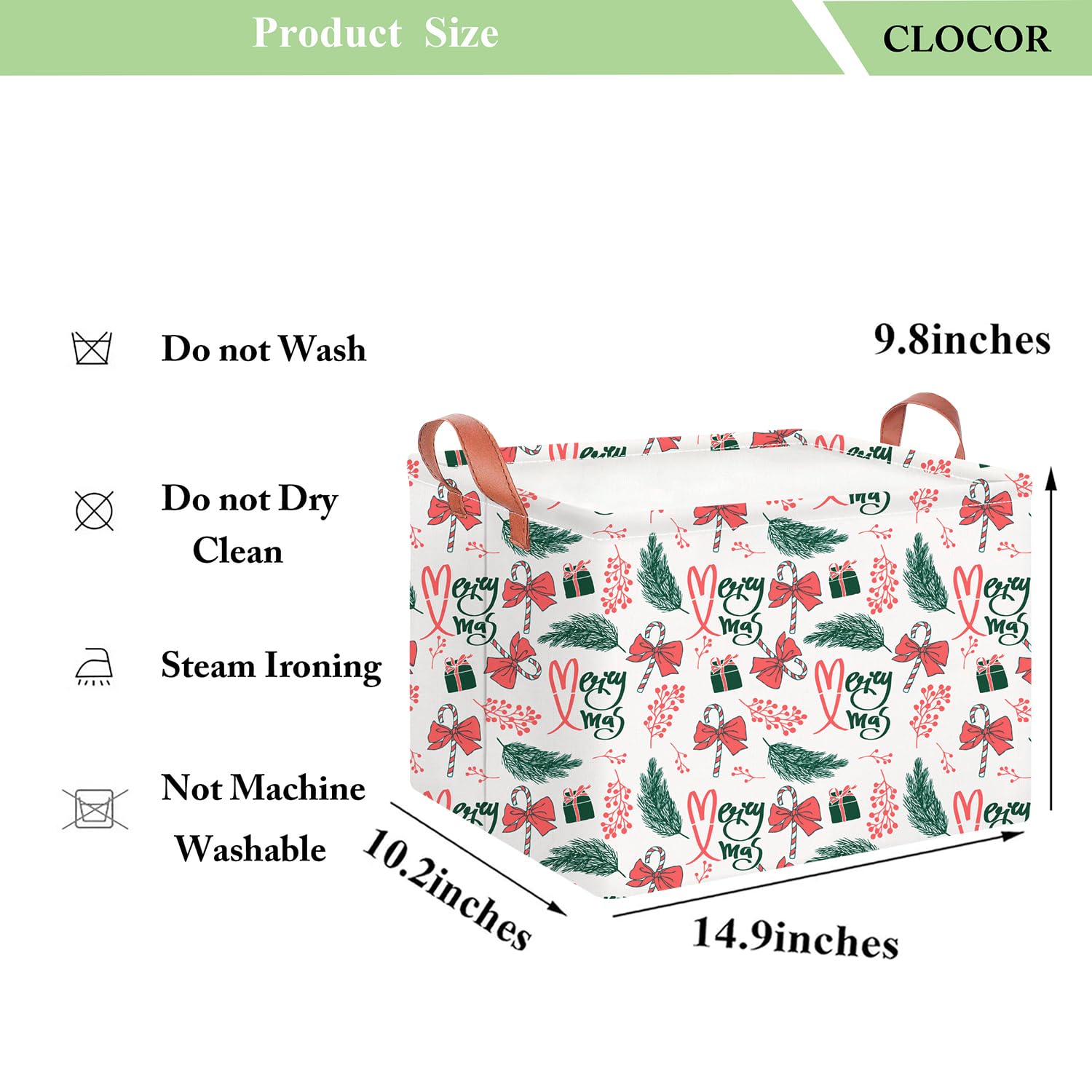 CLOCOR Rectangular Storage Basket,Collapsible Cute Pattern Storage Bin,Waterproof Books Box with Handles,Gift Basket(Big Christm