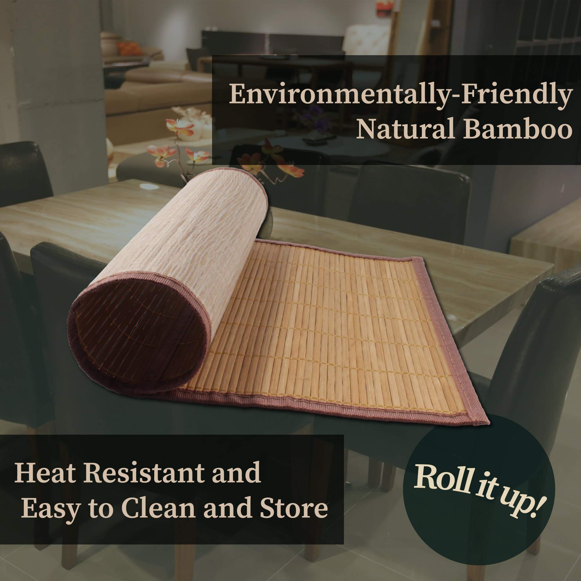 Bamboomn Bamboo Slat Placemat With Brown Fabric Border - Solid Color Print - 18'' X 13'' - Carbonized Brown - 4Pc