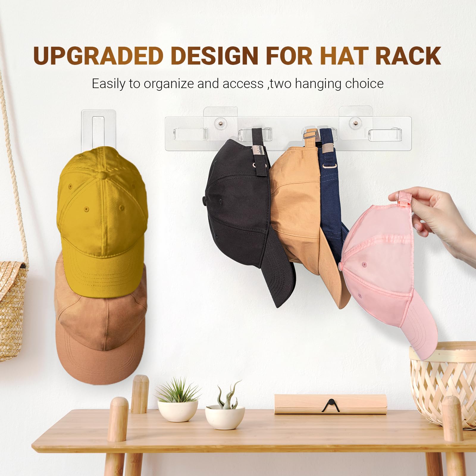 Gracenal Acrylic Hat Organizer 2 Packs, Hat Rack For 16 Hat Holder, Bathroom Towel Wall Hooks Heavy Duty, Self-Adhesive & Dirlle