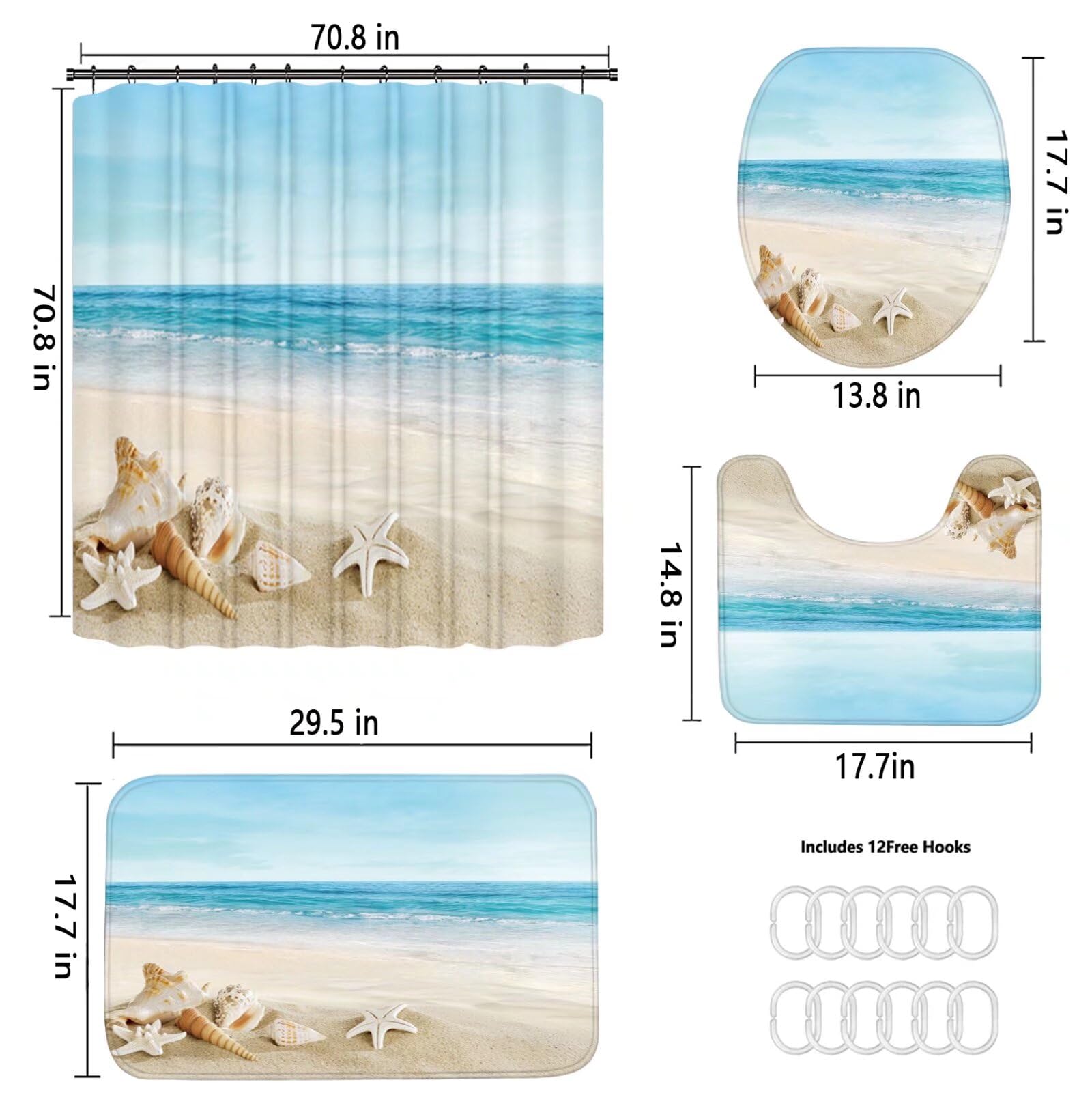 Chrainy 4Pcs Summer Beach Shower Curtain Sets Sea Ocean Bathroom Set Decor With Non-Slip Rugs Bath U-Shaped Mat Toilet Lid Cover