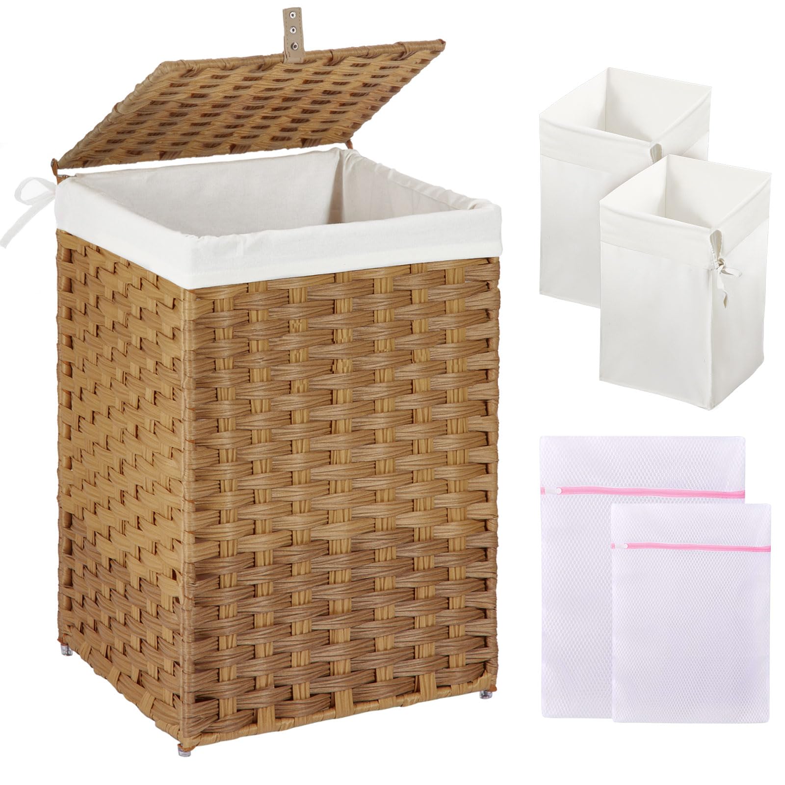 Greenstell Laundry Hamper With Lid, 60L Clothes Hamper With 2 Removable Liner Bags & 2 Mesh Laundry Bags, Handwoven Synthetic Ra
