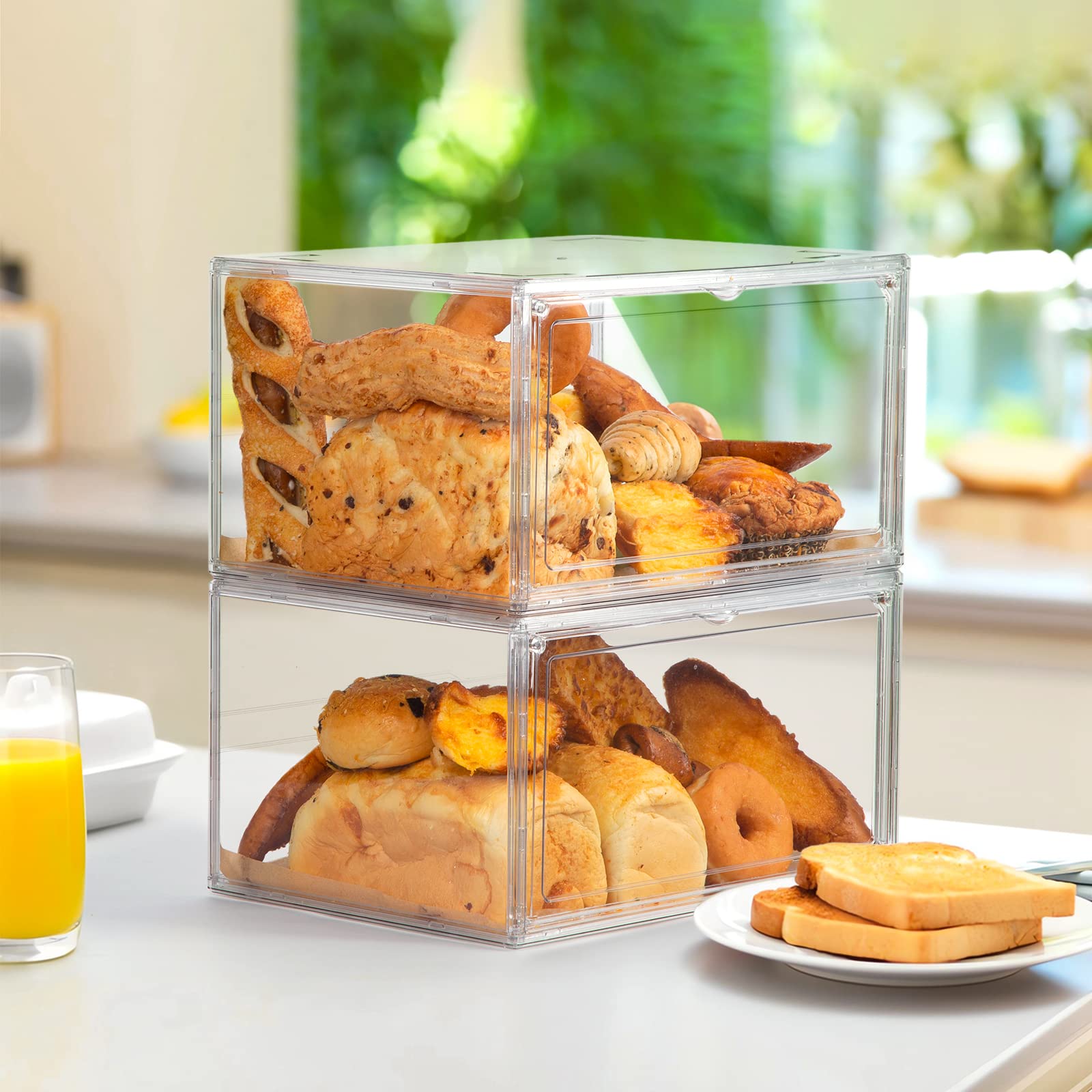 Gropknio 2Pcs Large Bread Box Kitchen Countertop Upgraded - Large Capacity Transparent Bread Rack Storage Box