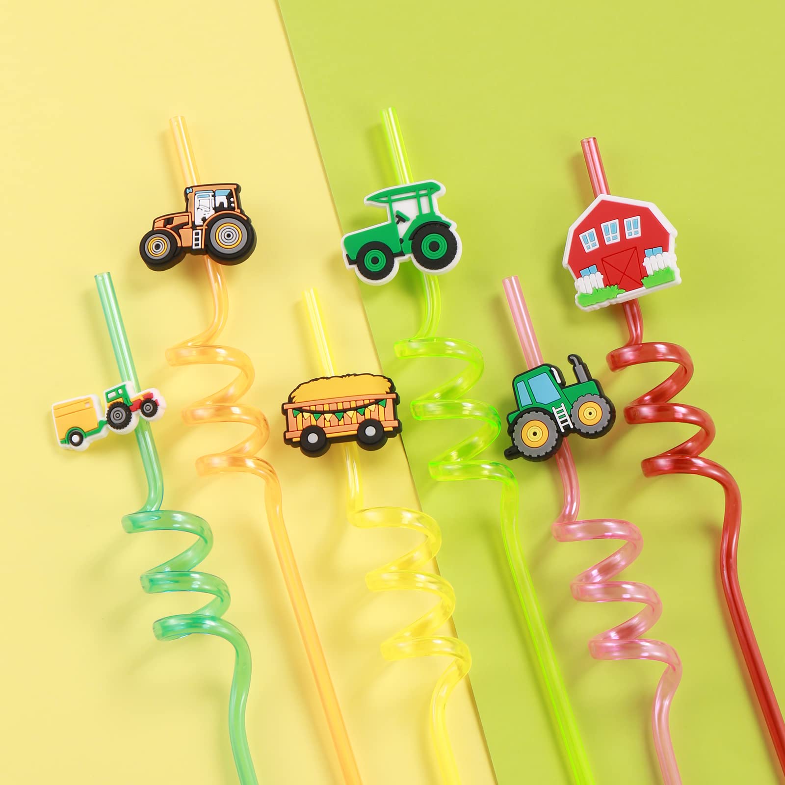 24 Tractor Party Favors Drinking Straws for Farm Green Tractor Birthday Party Supplies with 2 PCS Straws Cleaning Brush
