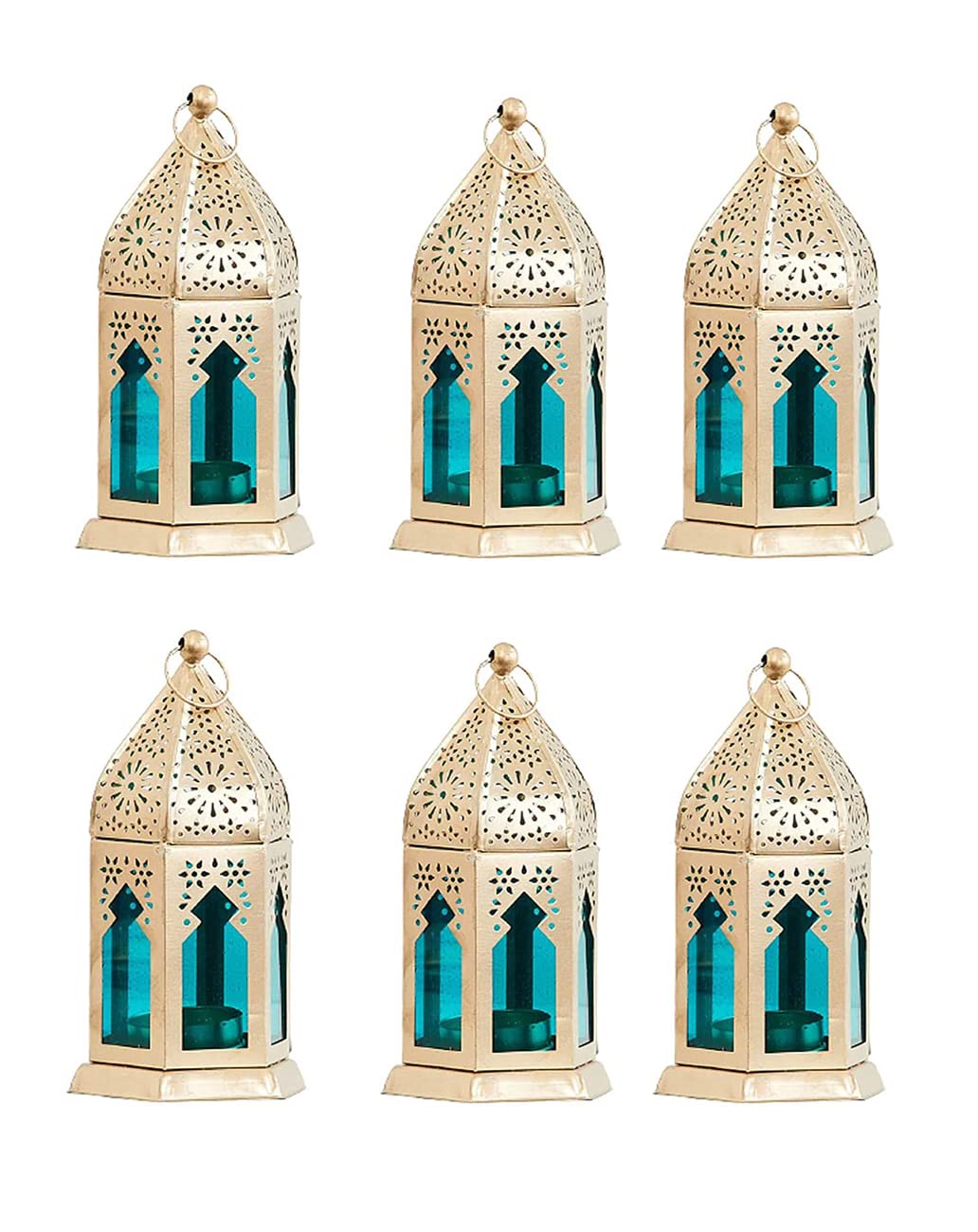 BWO Beautiful Collection Moroccan Hanging Lantern | Laltern Lamp with Tealight Candle Holder (Set of 6, Combo)(Gold Blue Glass)