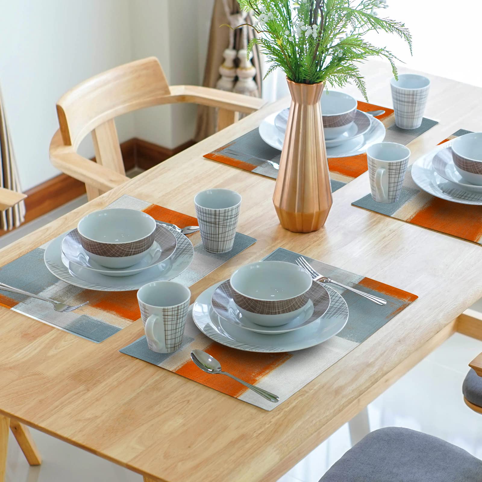 Grey And Orange Placemats Set Of 4,Washable Heat Resistant Non-Slip Gray Placemats For Dining Table Coffee Kitchen Decor Modern