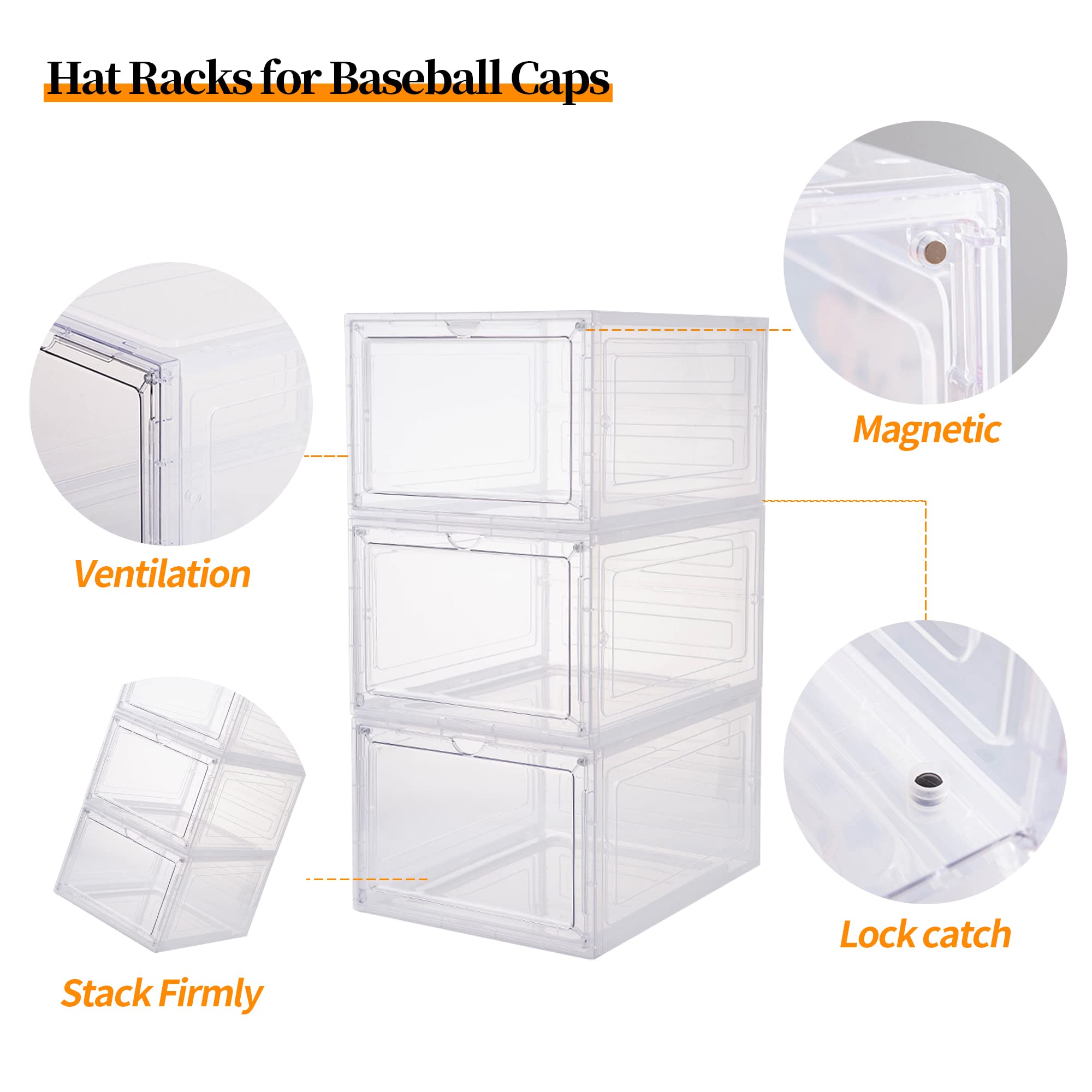 Hat Organizer For Baseball Caps,Set Of 6, Transparent Hat Storage Box, Hat Holder With Clear Magnetic Door, Stackable Hat Rack,
