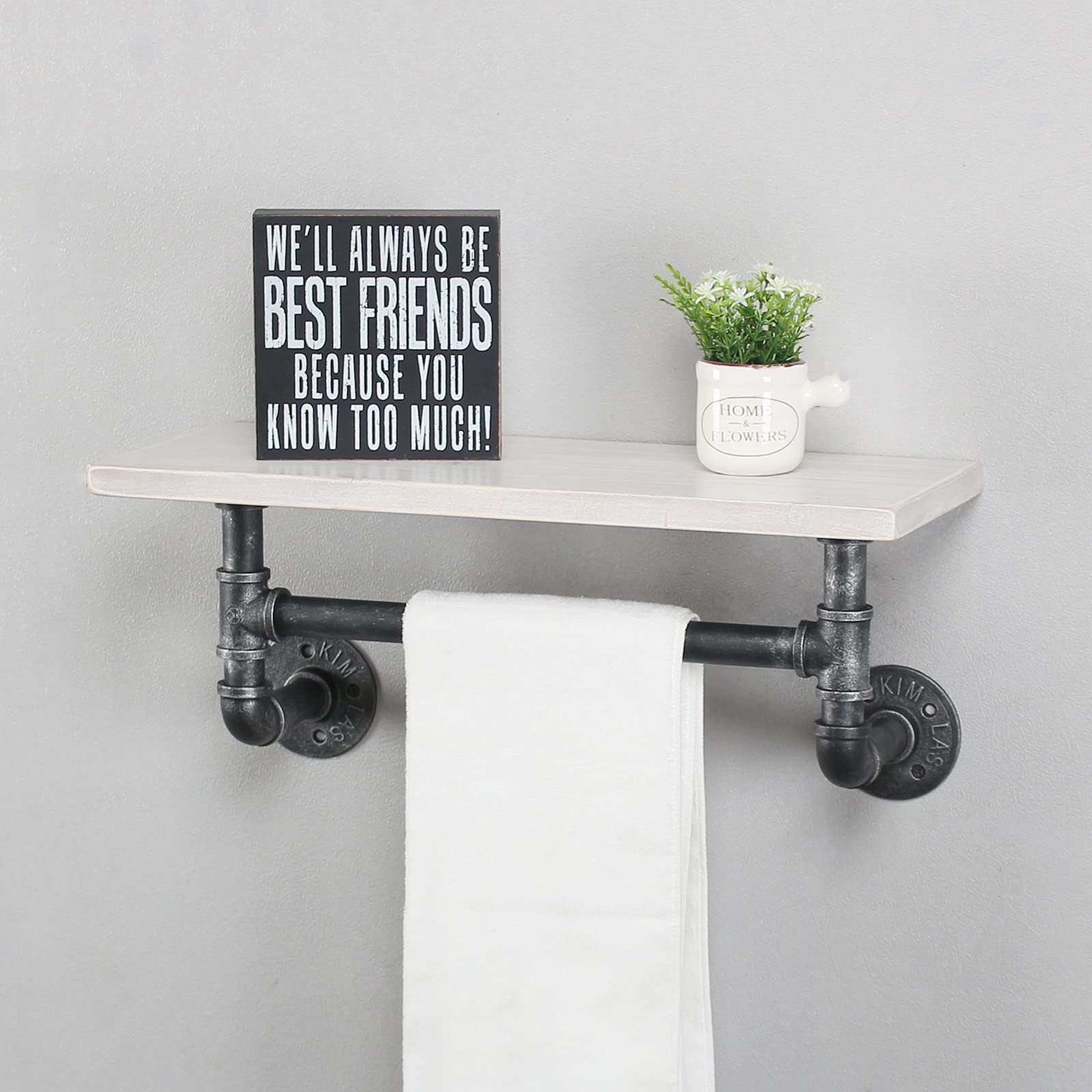 MBQQ Industrial Pipe Shelf Bathroom Shelves Wall Mounted 19.6in Rustic Wood Shelf with Towel Bar 1 Tier Farmhouse Towel Rack Over Toilet Pipe Shelving Floating Shelves Towel Holder Retro White