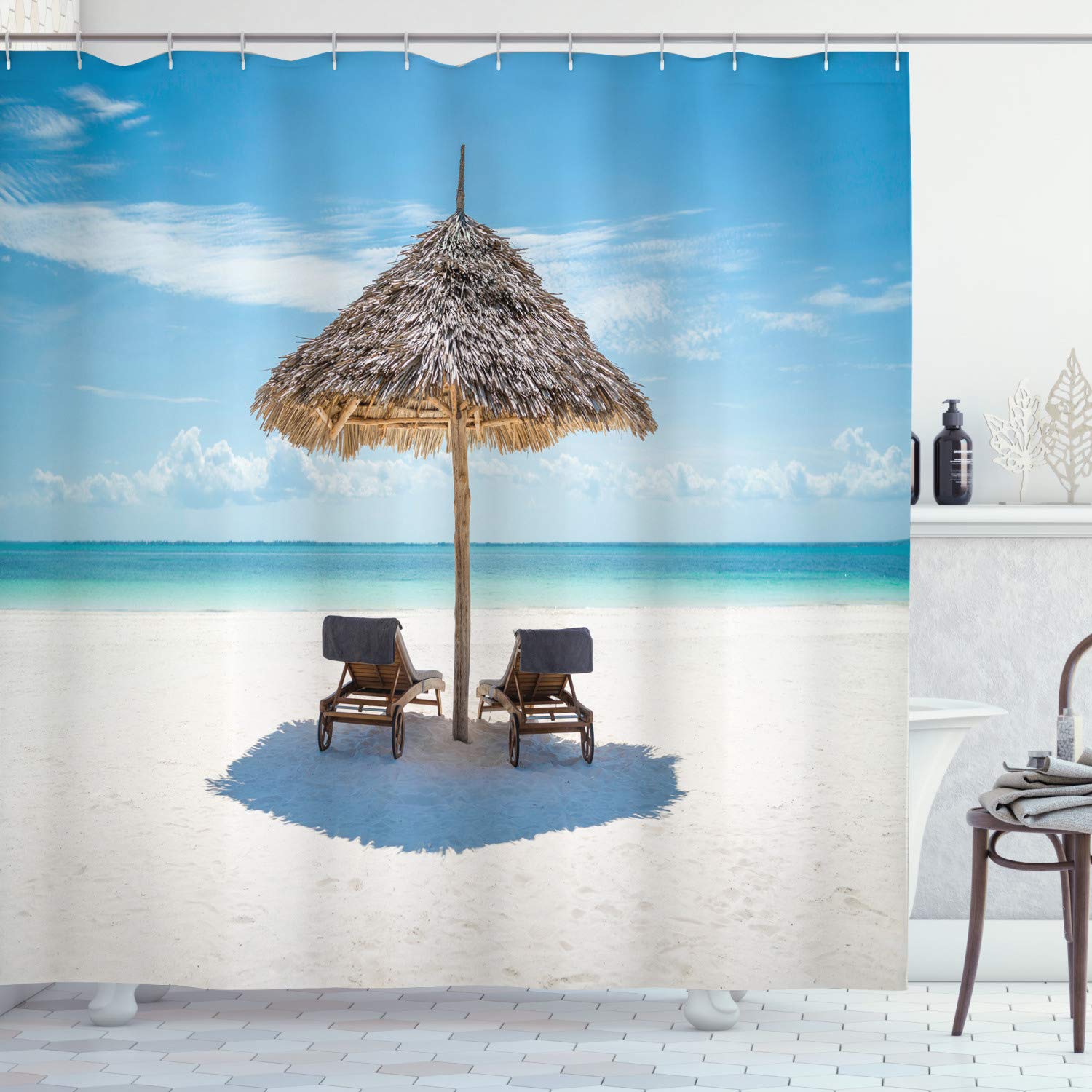 Ambesonne Seaside Shower Curtain, Wooden Sun Loungers Facing Eastern Ocean Under A Thatched Umbrella In Zanzibar, Cloth Fabric B