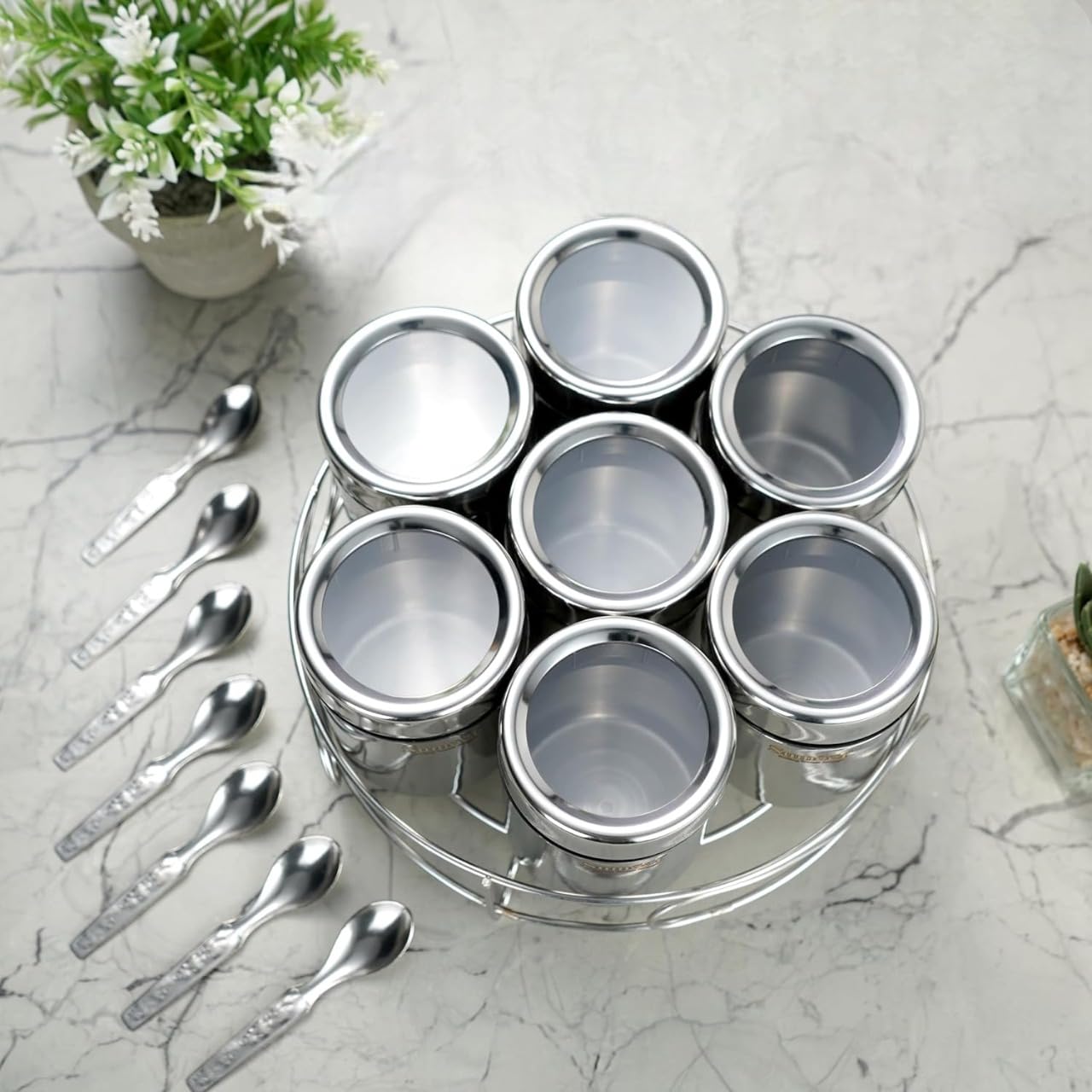 Visaxmi Stainless Steel Masala Container | 7Piece Masala Dabba | Steel See Through Masala Box For Kitchen Storage | Steel Spice