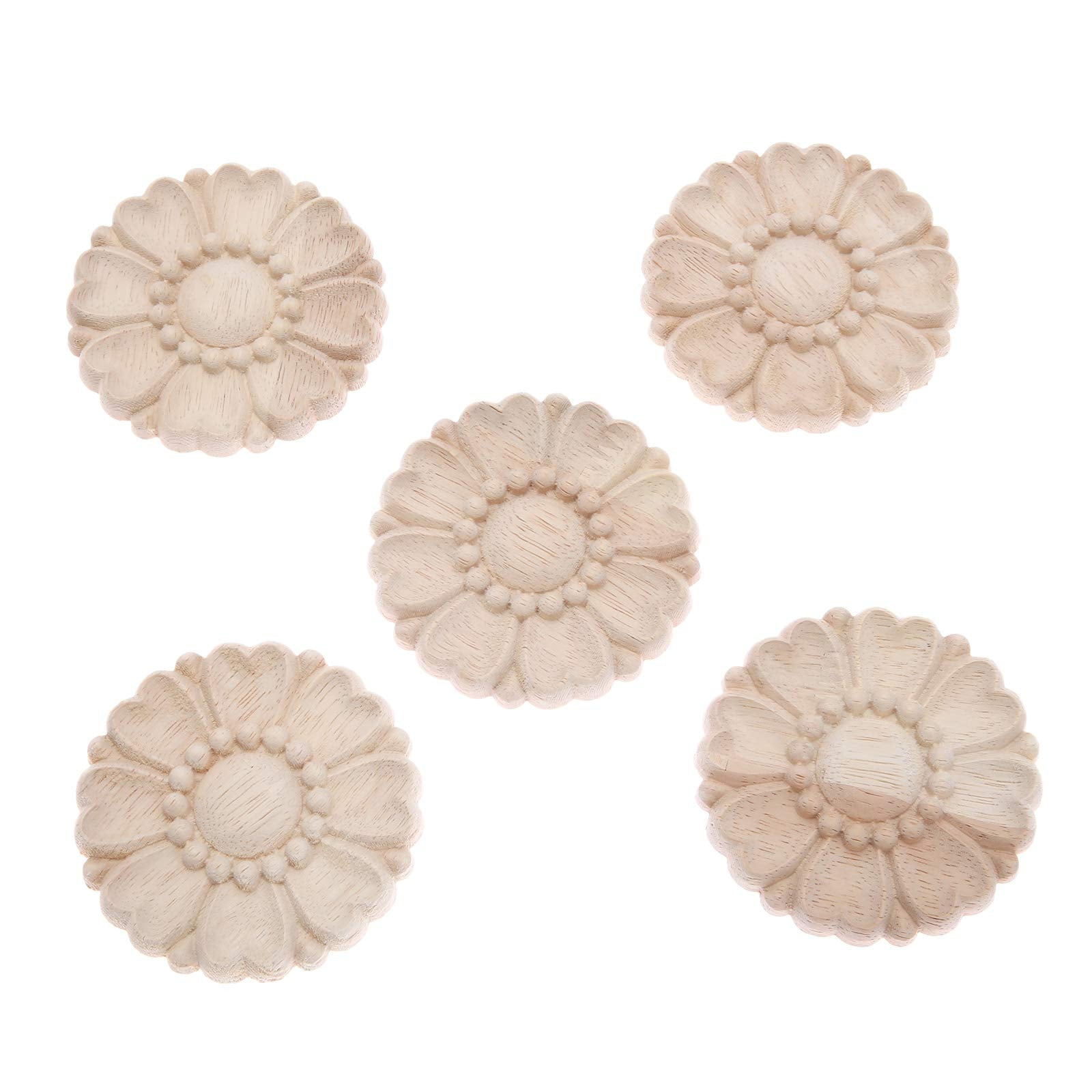 MUXSAM 5-Pack Unpainted Round Wood Carved Applique Onlay Decals for Cupboard Dresser Bed Furniture Crafts Decor(8cm/3.15'')