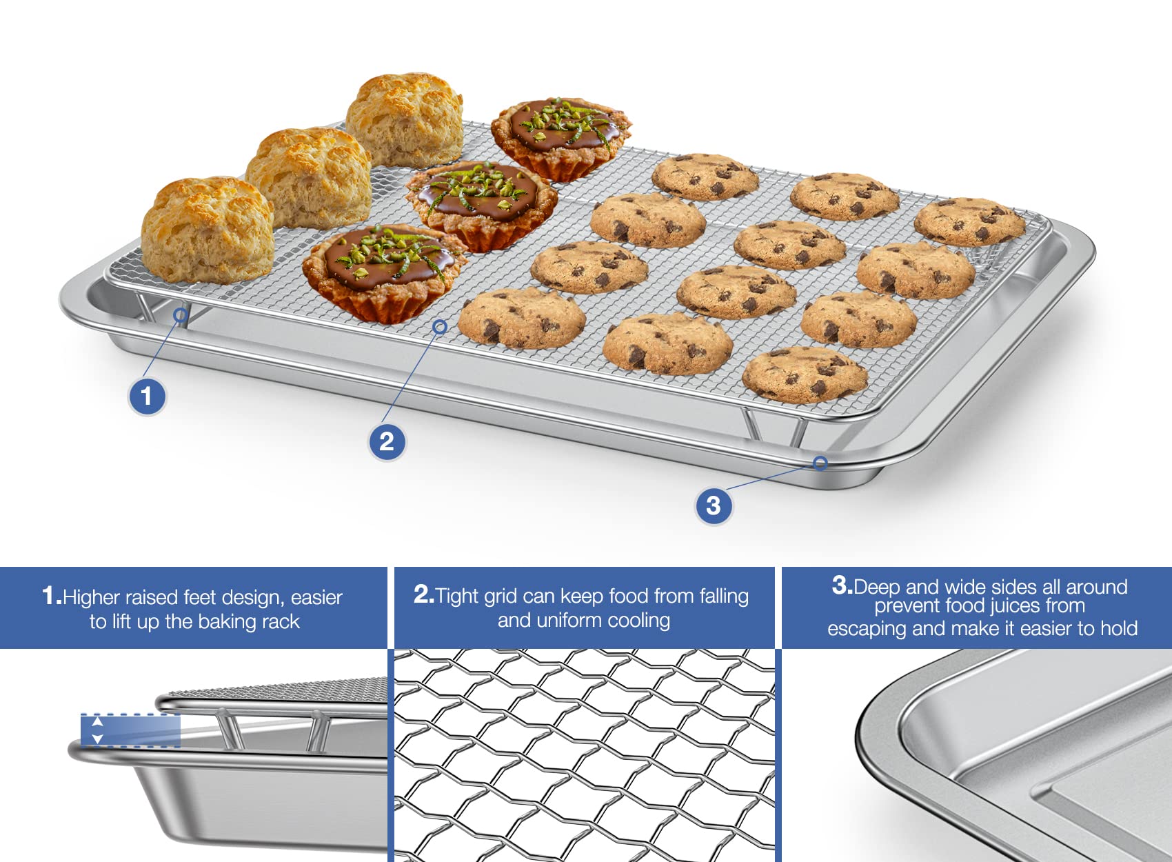 Dobadn Baking Sheet With Wire Rack Set, 15.35''X 11.5'' Stainless Steel Cookie Sheet And Cooling Rack, Non-Stick Cooking Pan Wit