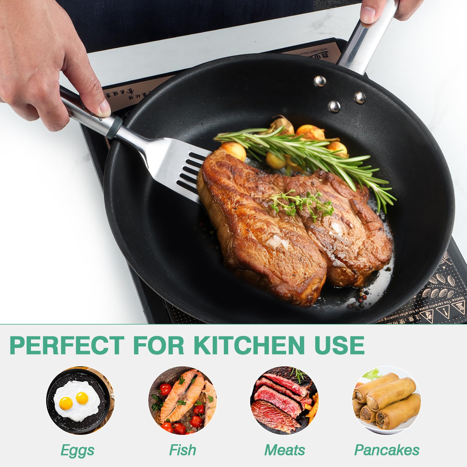 Lebabo Fish Spatula, Stainless Steel Fish Turner Slotted Metal Spatula For Kitchen Use, Flipper Spatula For Cast Iron Skillet, E