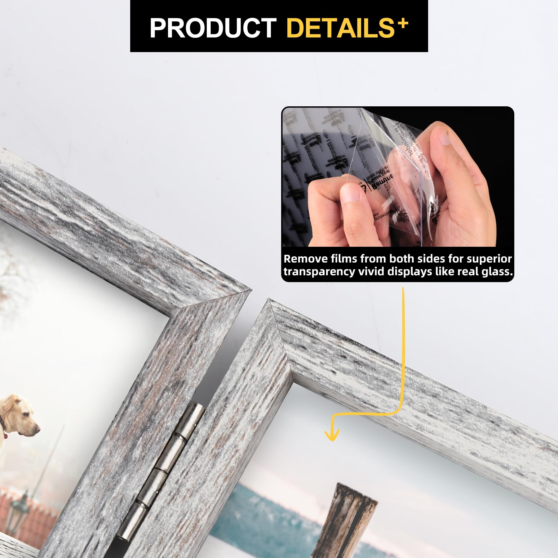 8x10 Double Picture Frame Wooden Hinged Photo Frame Definition Glass Stand Vertically on Desktop or Tabletop Distressed White