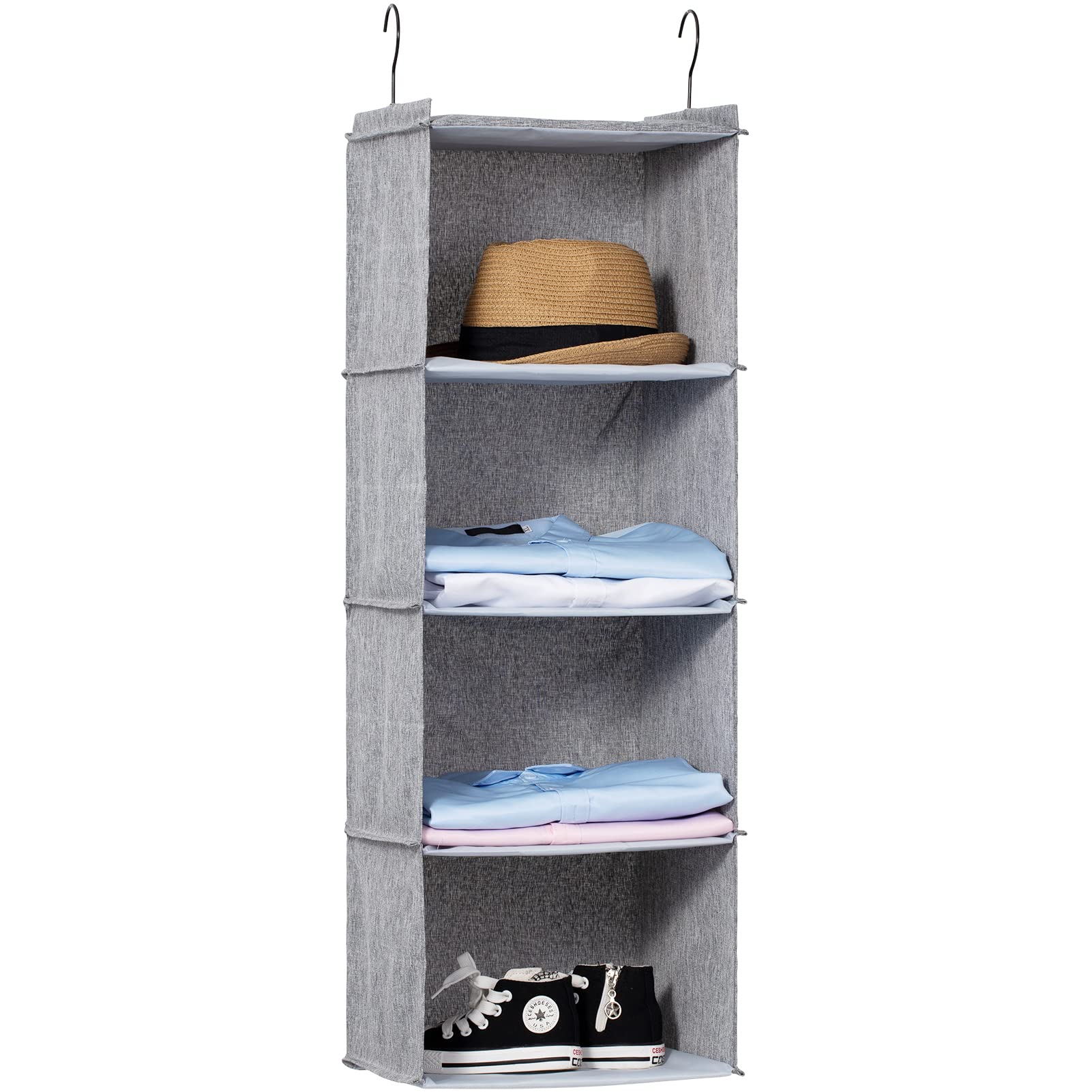Donyeco Hanging Closet Organizer, Easy Mount Collapsible 4-Shelf Camper Closet Wardrobe Hanging Storage Shelves, Folded Clothes