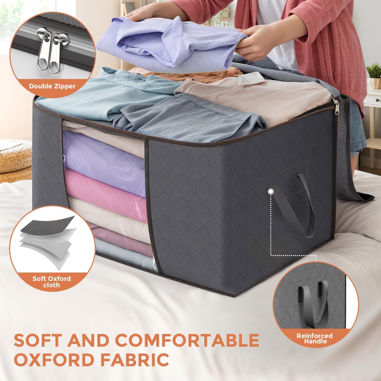 90L Large Storage Bags, 6 Pack Clothes Storage Bins Foldable Closet Organizers Storage Containers with Durable Handle for Clothi
