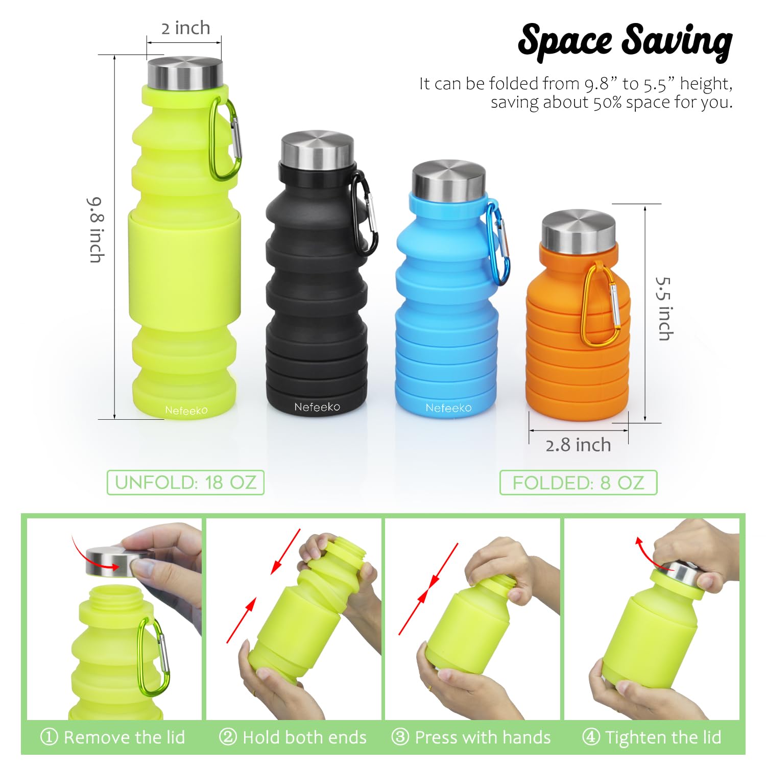 Nefeeko Collapsible Water Bottle, Reuseable Bpa Free Silicone Foldable Water Bottles For Travel Gym Camping Hiking, Portable Lea