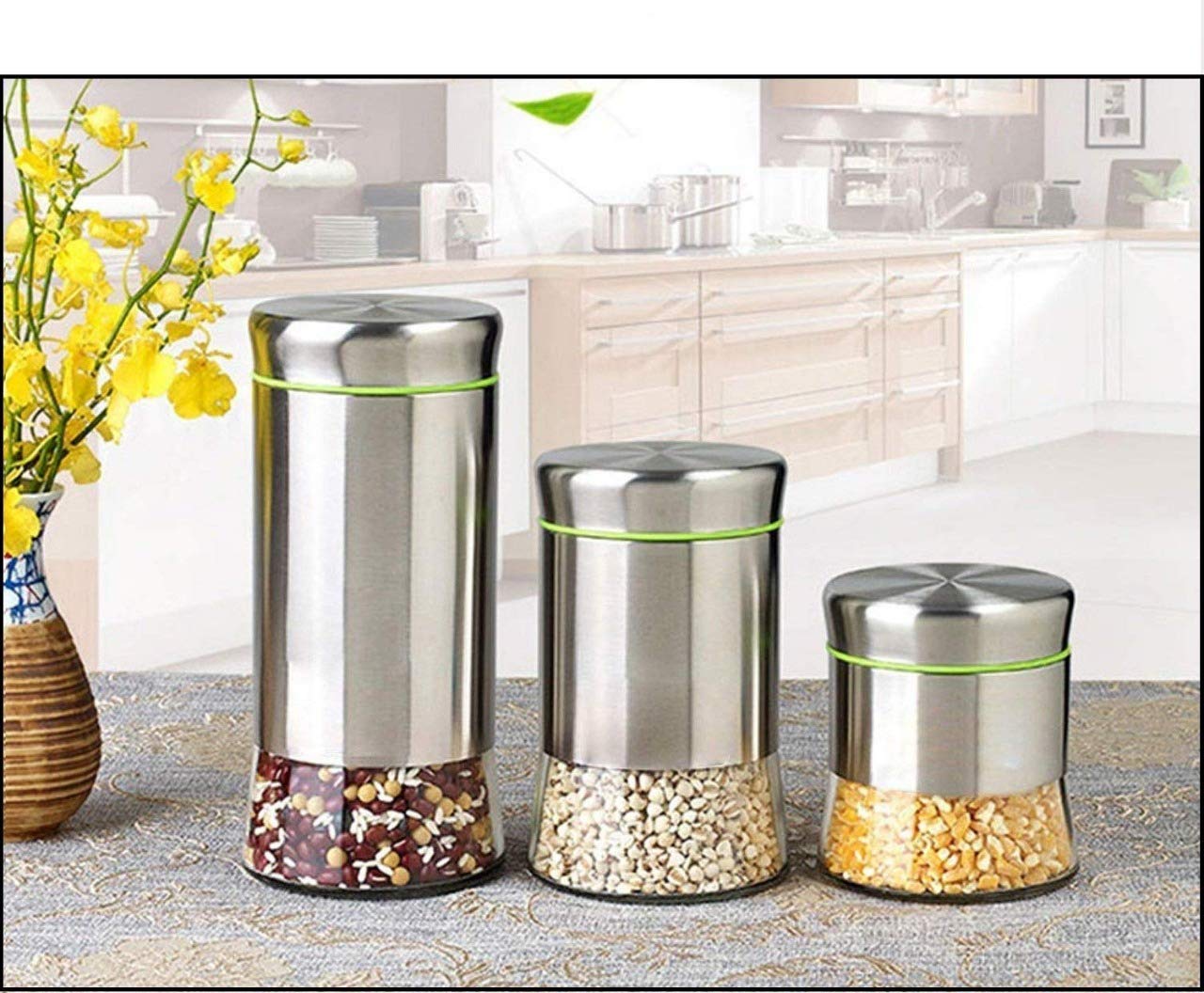 Home Stuffs Stainless Steel Plated Glass Kitchen Canister, Airtight Food Storage Canisters, Visible Window Seasoning Cereal Cont