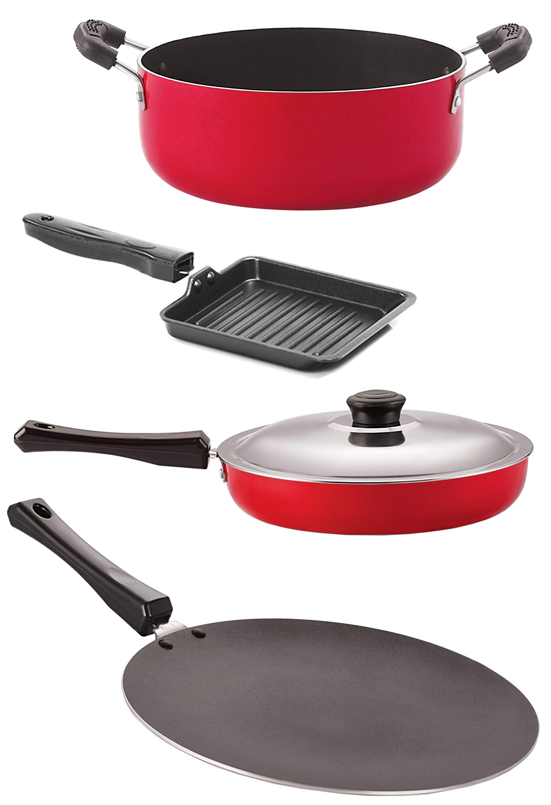 Nirlon NonStick Aluminium Cookware Set (Gas Compatible),4 Pieces (Red & Black) (Ct12_Fp13_Sgp_Cs24)