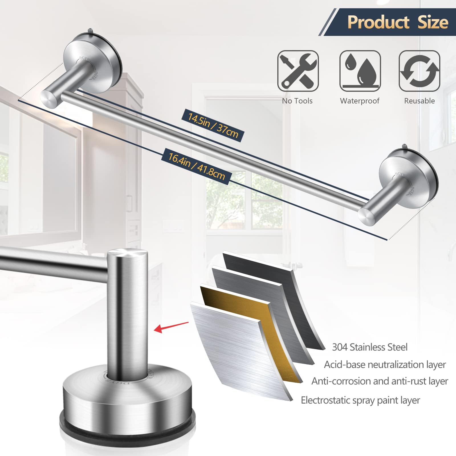 Dgyb Suction Cup Towel Bar For Bathroom 17 Inch Brushed Nickel Towel Holder Stainless Steel Premium Kitchen Towel Rack Wall Moun