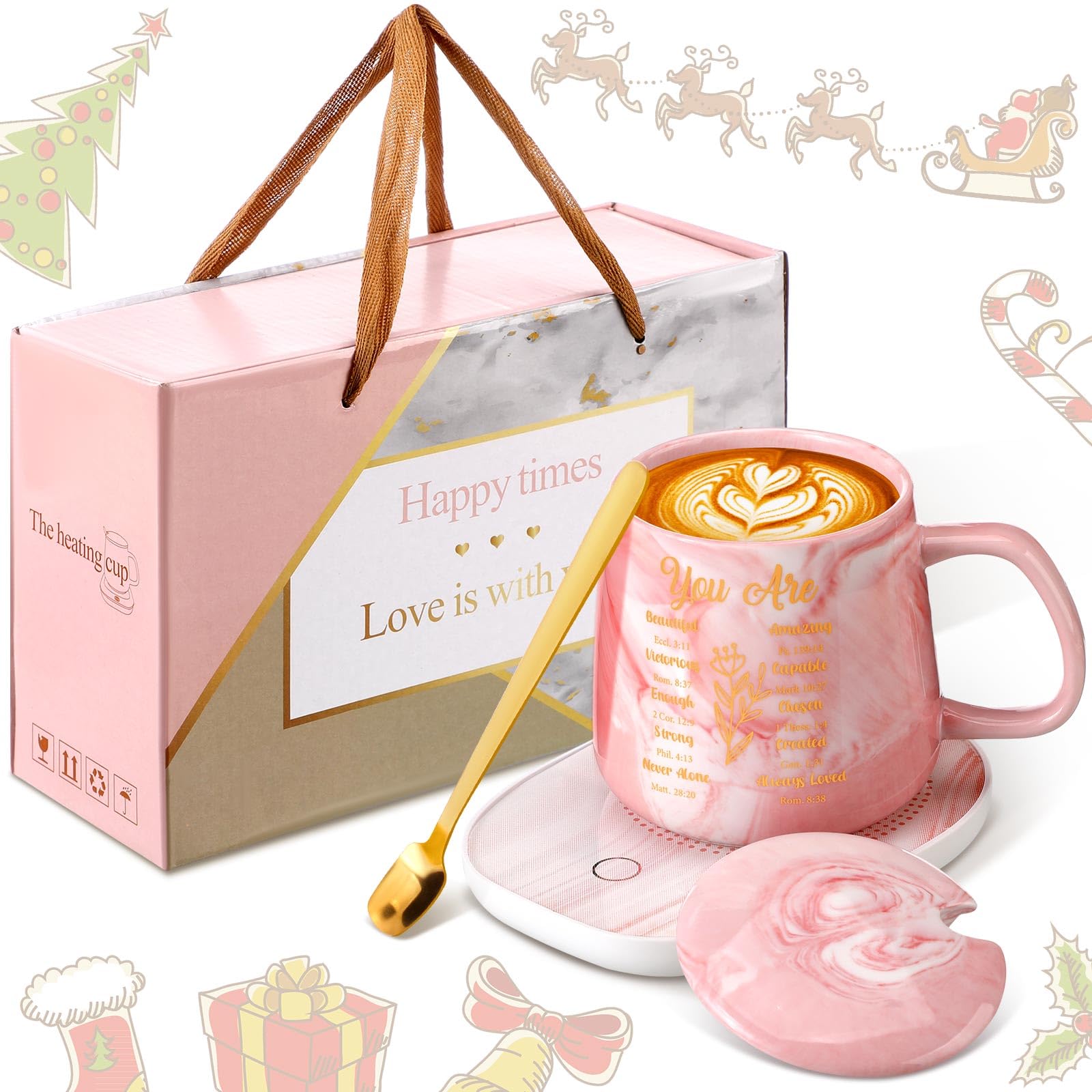 Nitial Christian Gifts Bible Verse Coffee Warmer with Mug Set for Women Pink Marble Mug Warming Plate Birthday Gift Christmas Gi