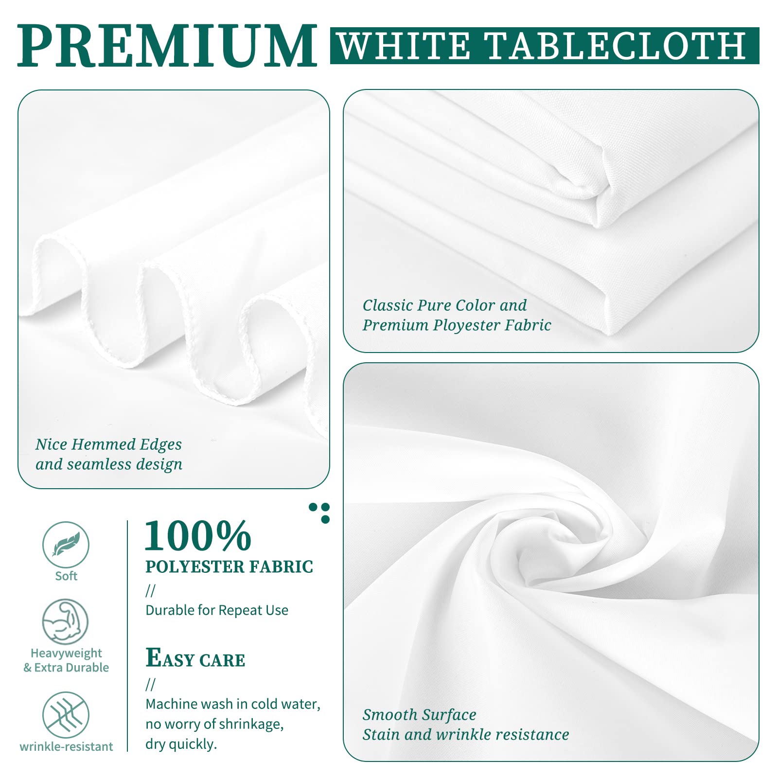 4 Pack White Tablecloth 60 X 126 Inch, Rectangle Tablecloth For 8 Foot Table, Stain And Wrinkle Resistant Washable Polyester Tab