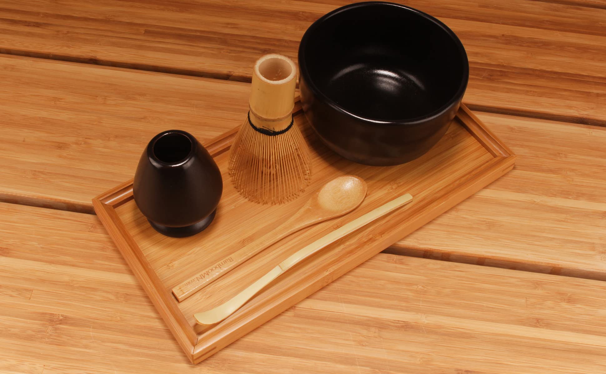 Bamboomn Brand - Matcha Bowl Set (Includes Bowl, Rest,Tea Whisk, Chasaku, Tea Spoon & Tray) 1 Set Black
