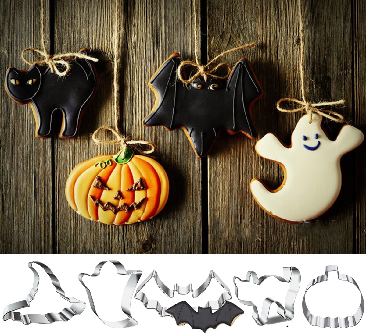 Halloween Cookie Cutters Set- 5 Pieces Stainless Steel Baking Cutter Molds Pumpkin, Ghost, Witch'S Hat, Bat, Cat Cookie Cutters