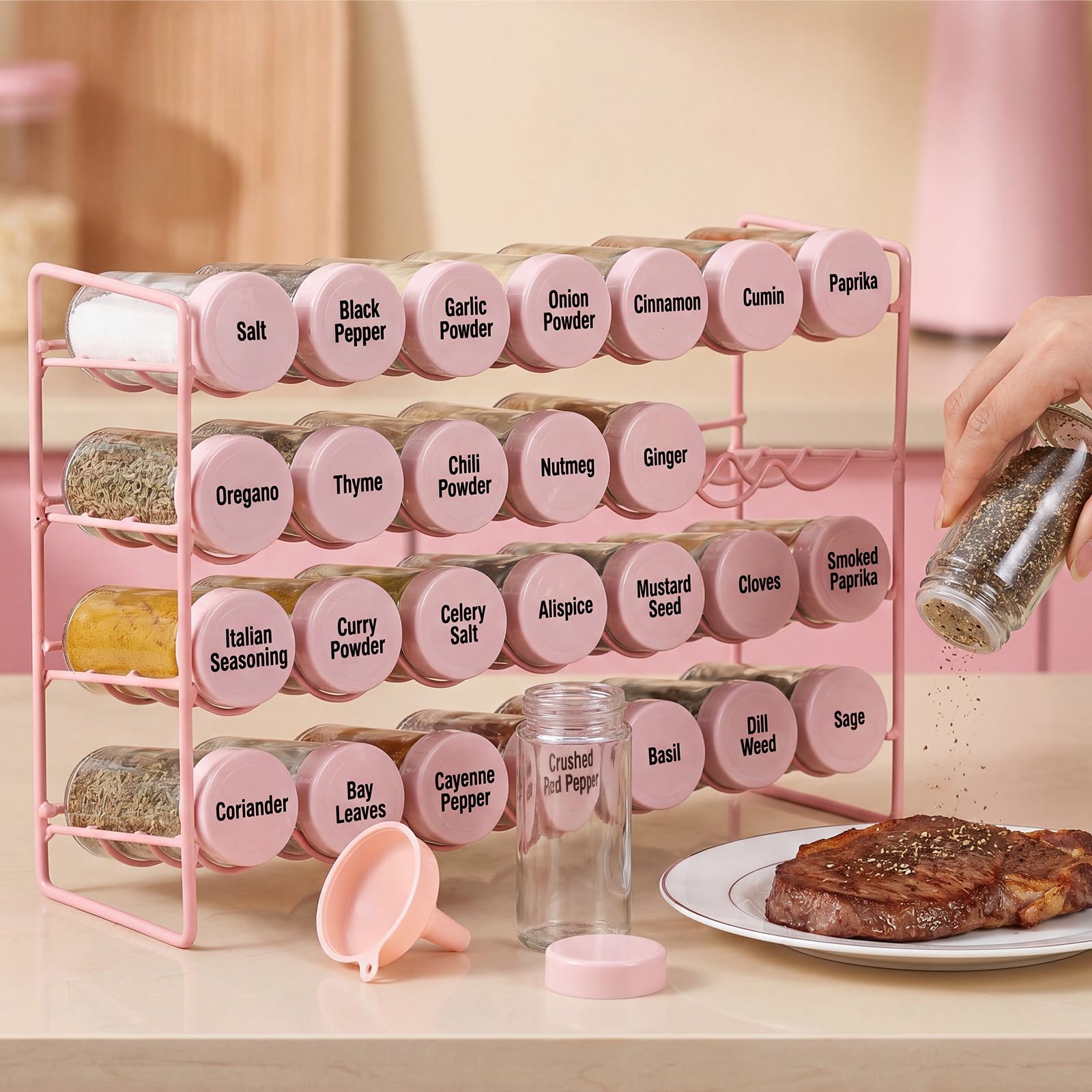 FoldTier Spice Rack Organizer with 28 Spice Glass Jars, 56 Labels, Funnel and Marker Set, Complete Countertop Seasoning Rack Org