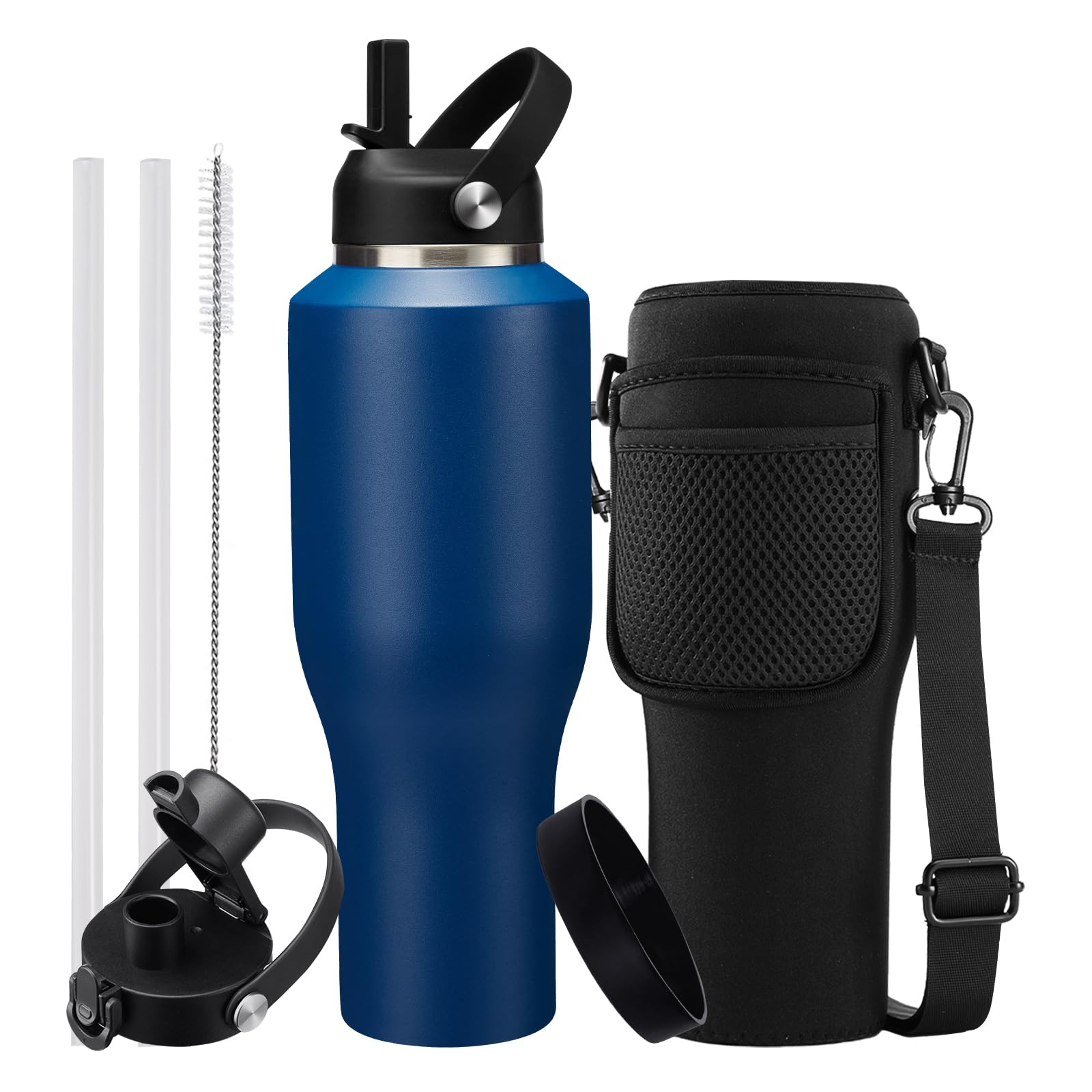 40Oz Insulated Water Bottle That Fits In Cup Holder - Water Cup With Spout Lid, Straw, Sleeve With Side Handle, Vacuum Stainless