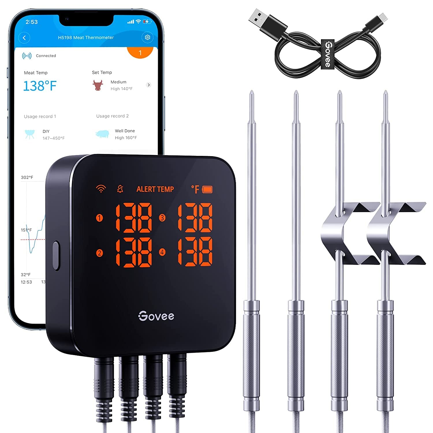 Govee Wireless Meat Thermometer With 4 Probe, Smart Wifi Meat Thermometer With Unlimited Range App Notification Alert, Digital R