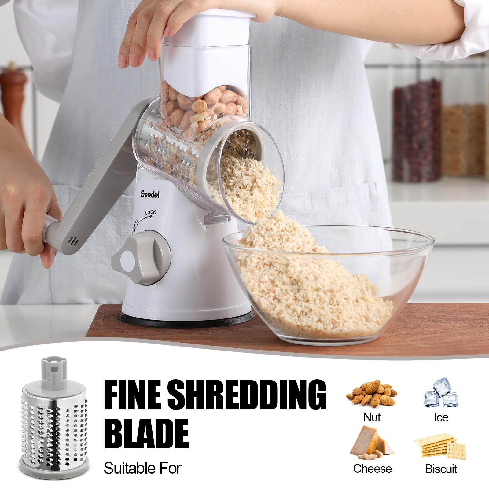 Geedel Rotary Cheese Grater & Vegetable Slicer, 3 Blades, Easy to Clean, White