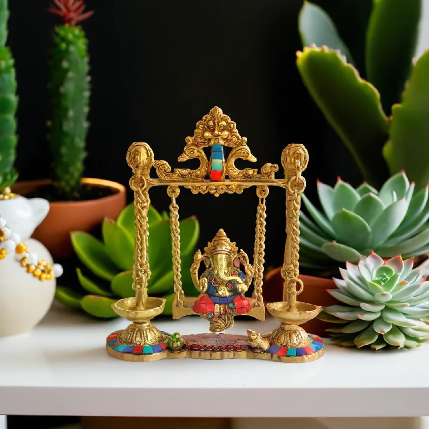 Kartique Brass Ganesh Bhagwan Jhula With Two Diyas Ganesha Idol Swing Ganpati Bappa Jhoola Murti For Home House Warming Mandir O