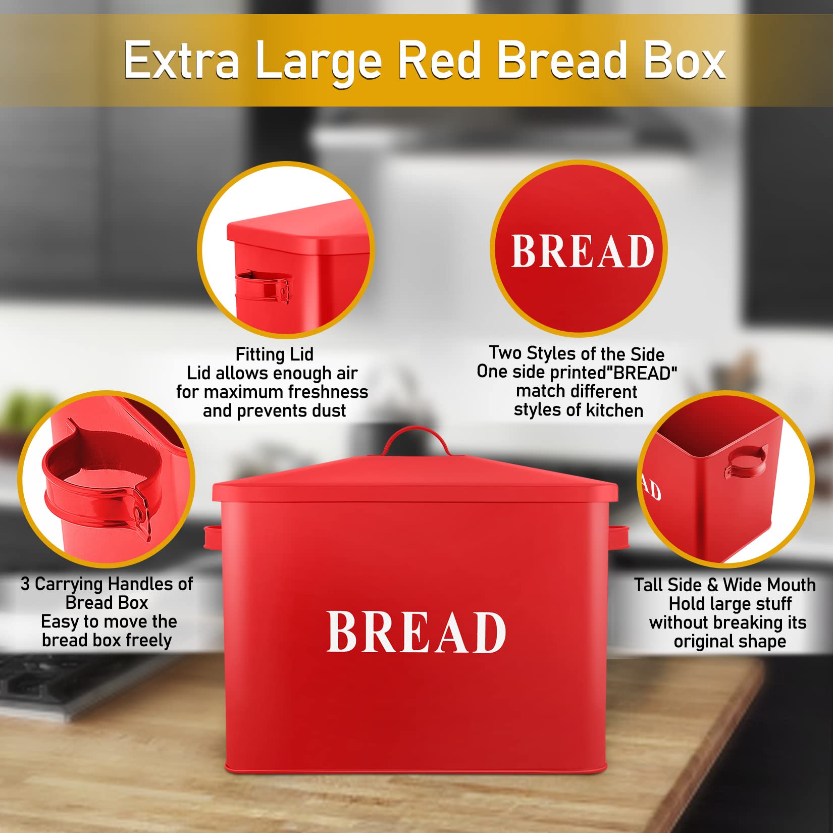 P&P Chef Extra Large Red Bread Box With Lid, Metal Bread Storage Container For Farmhouse Kitchen Countertop, 13.1    X 11.81