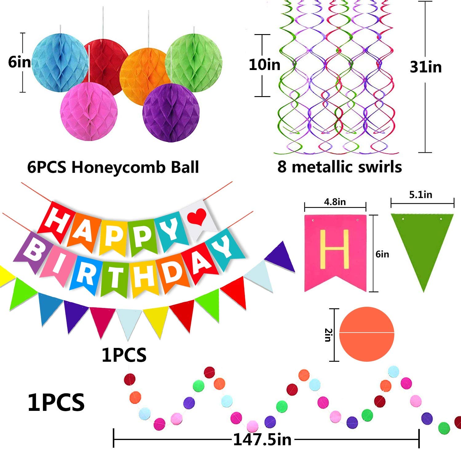 Fecedy Colorful Happy Birthday Banner Paper Triangle Flag Bunting Circle Confetti Dots Hanging Garland And Honeycomb Ball Swirl