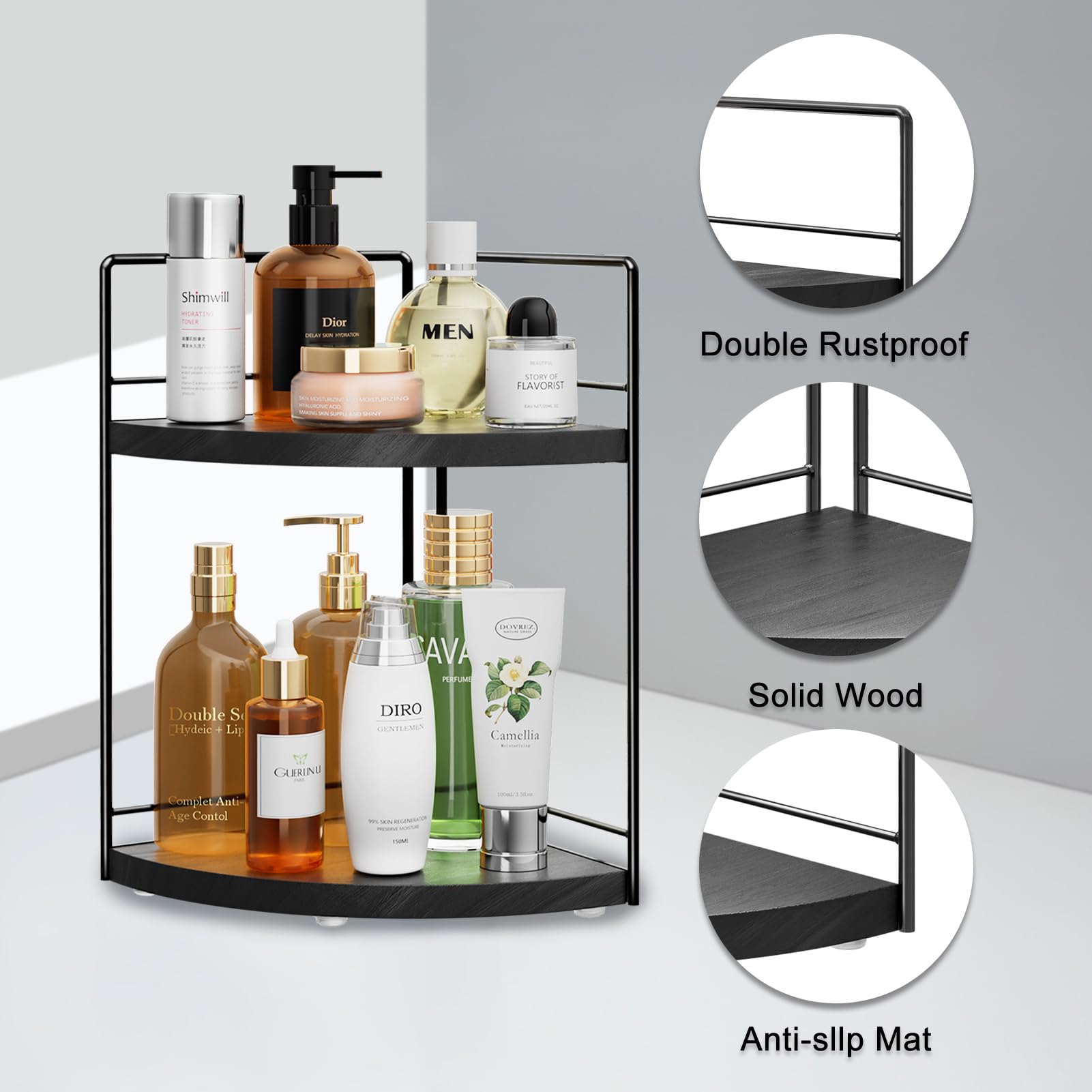 Bstsll 2 Pack Bathroom Counter Organizer,2 Tier Corner Bathroom Counter Organizer,Black Wooden Vanity Organizer For Bathroom Org