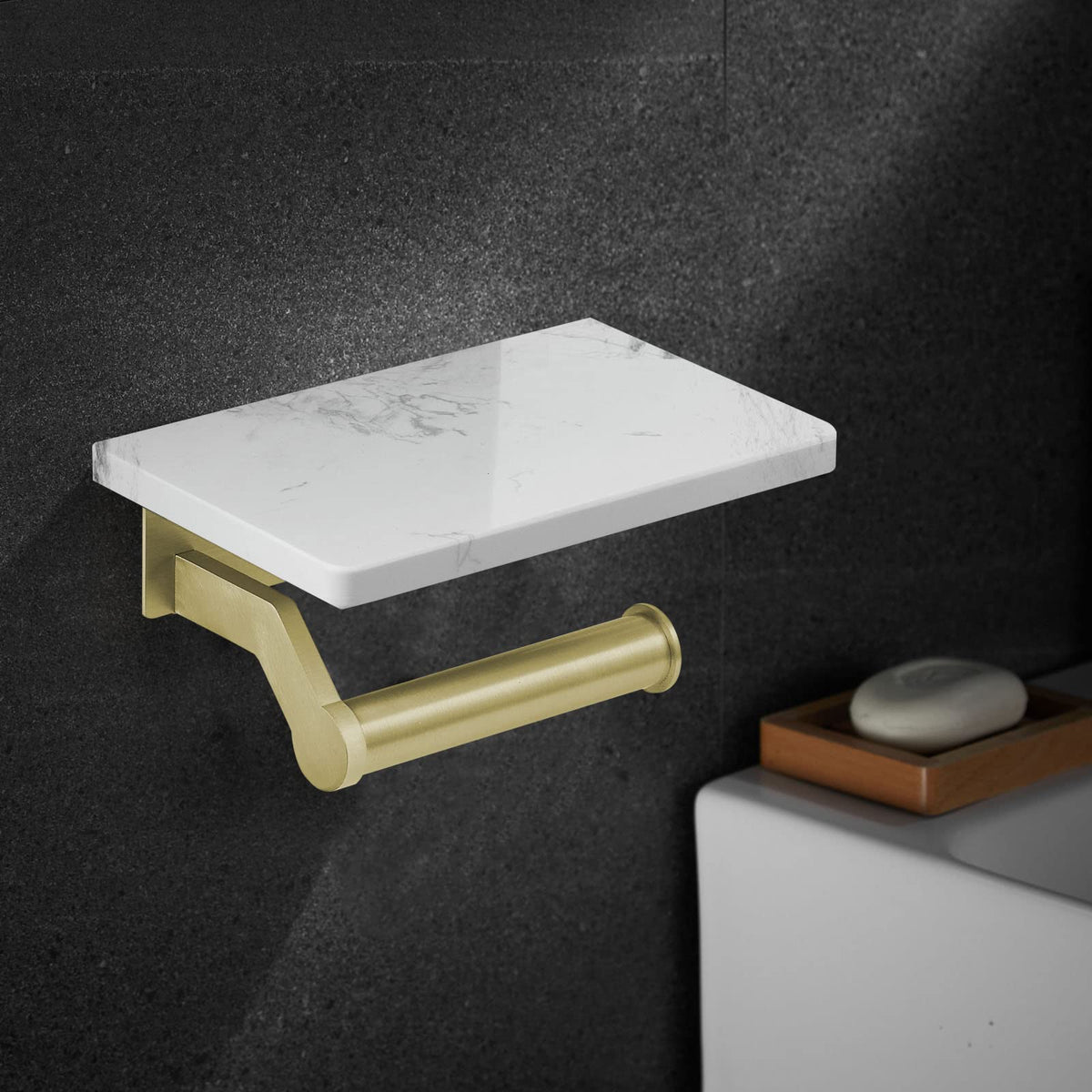 Hoimpro Brushed Gold Stainless Steel Toilet Paper Holder With White Natural Marble Shelf, Wall Mounted Tissue Hand Paper Roll St