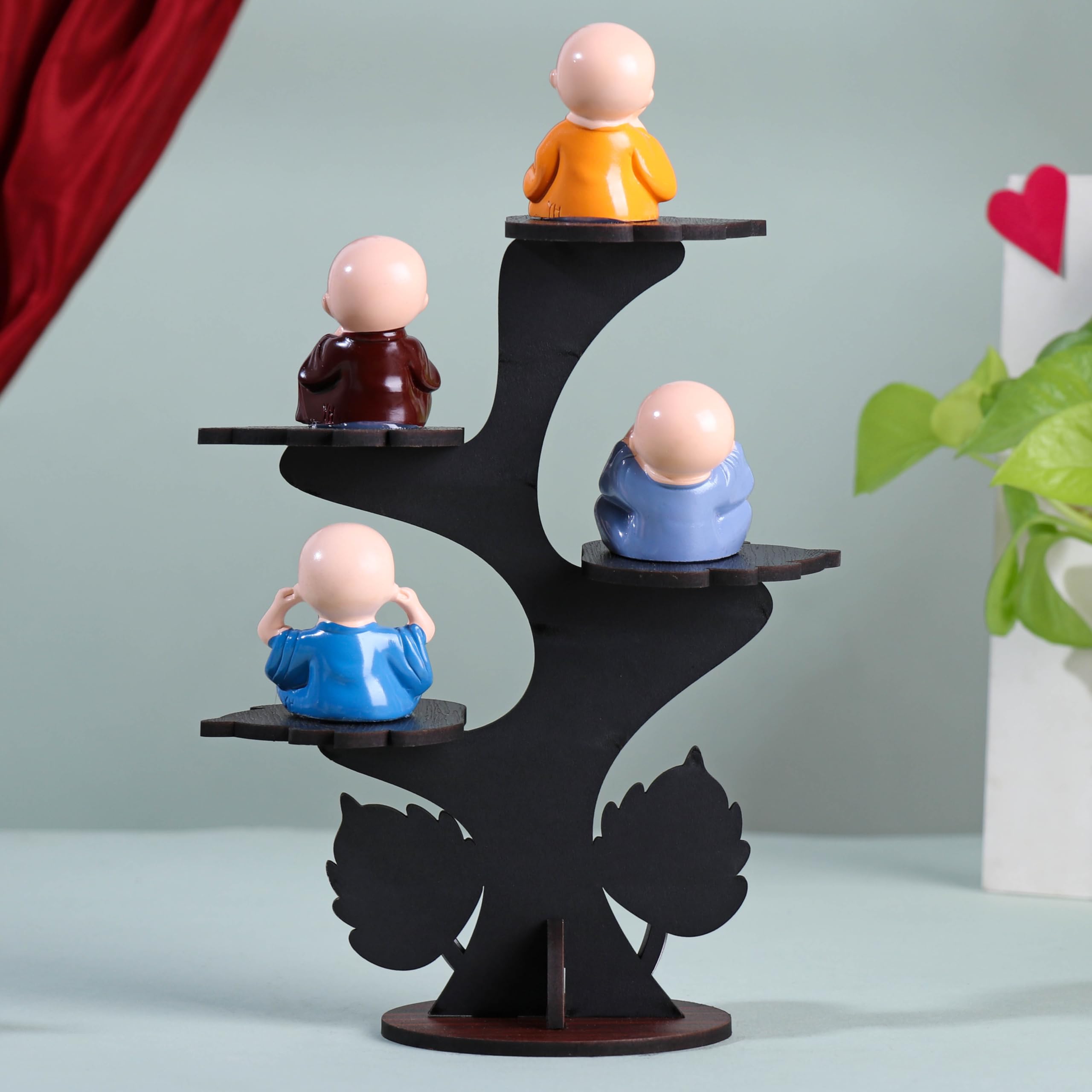 Floweraura Decorative Set Of 4 Adorable Buddha Monk Figurines With Wooden Stand For Peaceful Home Decor & Office Decor, Special