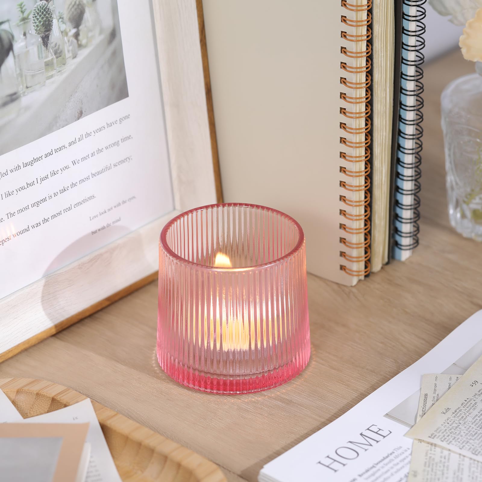 Pink Ribbed Tealight Votive Candle Holders Set of 10- Votive Candle Holders for Table Centerpiece, Tea Light Candle Holder Glass