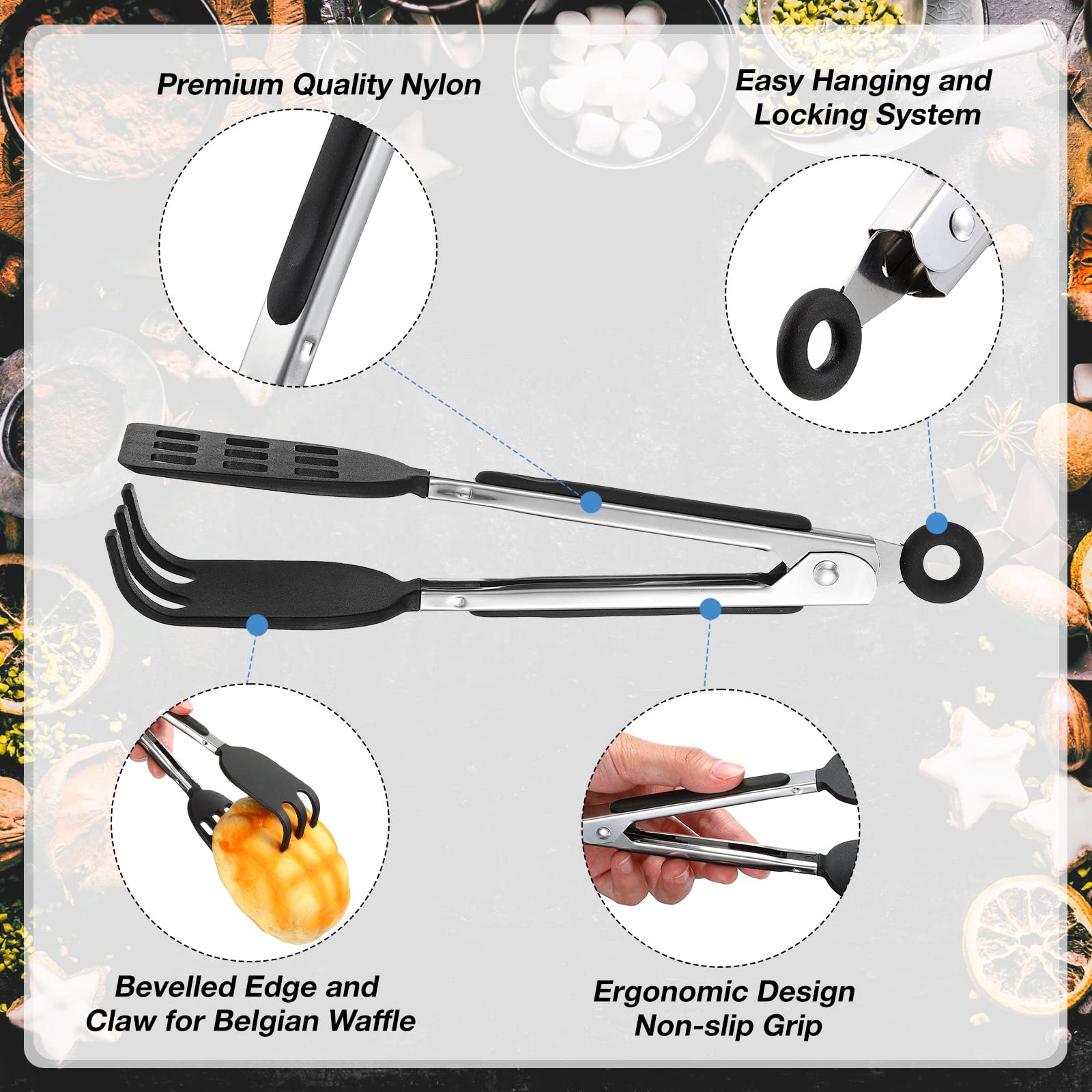 2 Pieces Mini Waffle Tongs Non Scratch Tongs 8 Inches Serving Spatula Tongs With Non Slip Smooth Stainless Steel Handles Heat Re