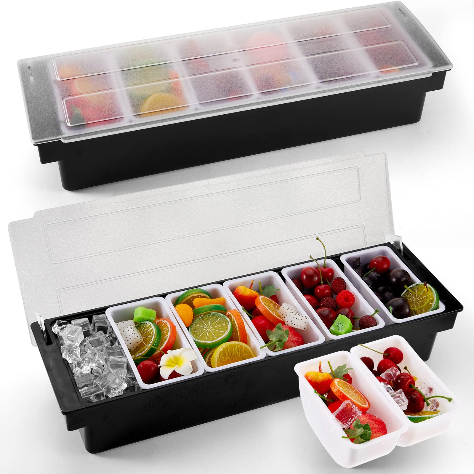 2 Pcs Bar Fruit Caddy with Lid Salad Condiment Server Black Plastic Garnish Tray Ice Chilled Condiment Caddy for Home Restaurant