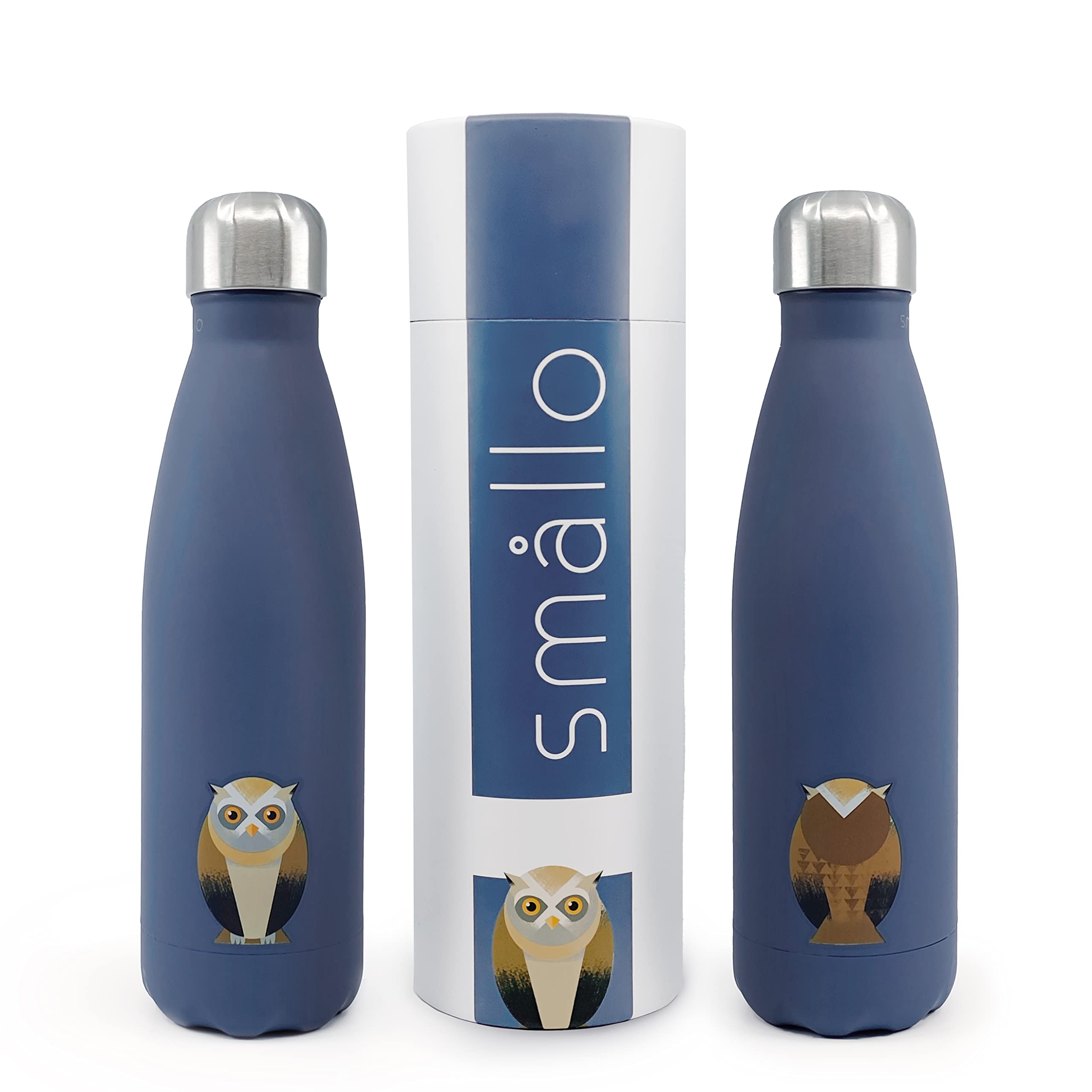 Smllo | Water Bottle With Cute Owl Design | Stainless Steel | Double Wall Insulated | 17Oz, Blue