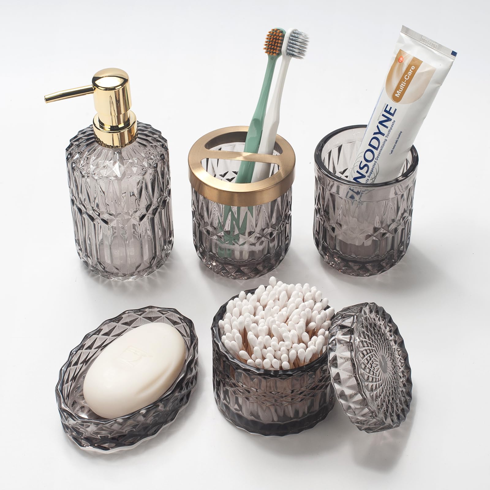 Ivailex 5Pcs Grey Glass Bathroom Accessories Sets Of Lotion Dispenser, Soap Dish, Toothbrush Holder, Tumbler, Cotton Swab Jars,