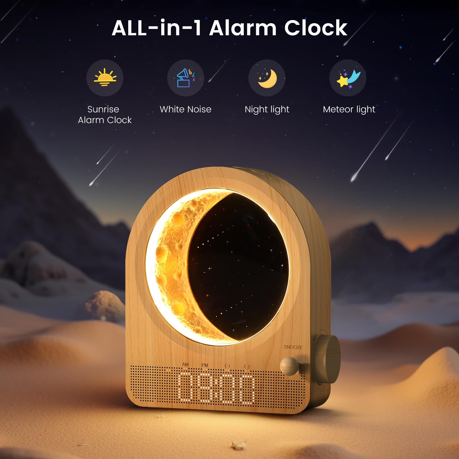 Epochleno Sunrise Alarm Clock, White Noise Machine & Meteor Moonlight - 10 Soothing Sounds, Dual Alarms, 30/60/90min Timer, Easy