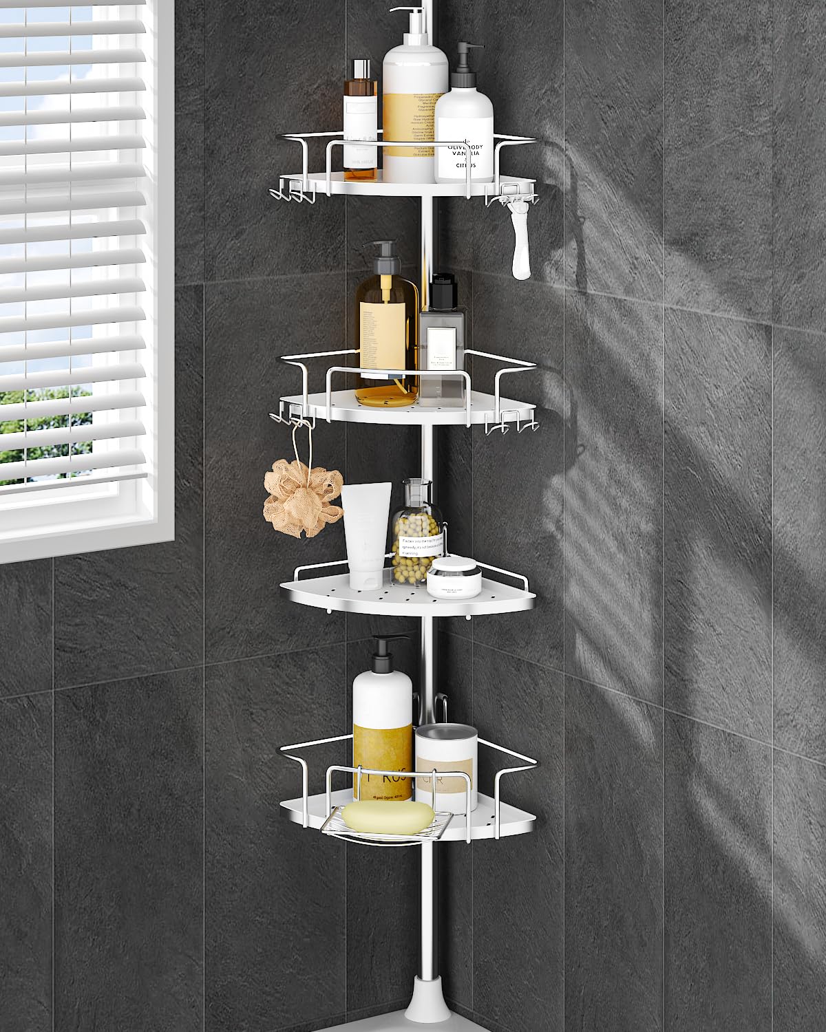 ALLZONE Corner Shower Caddy Tension Pole - Upgraded Rust-Free Stainless Steel Shower Organizer with Adjustable Storage Shelves, 