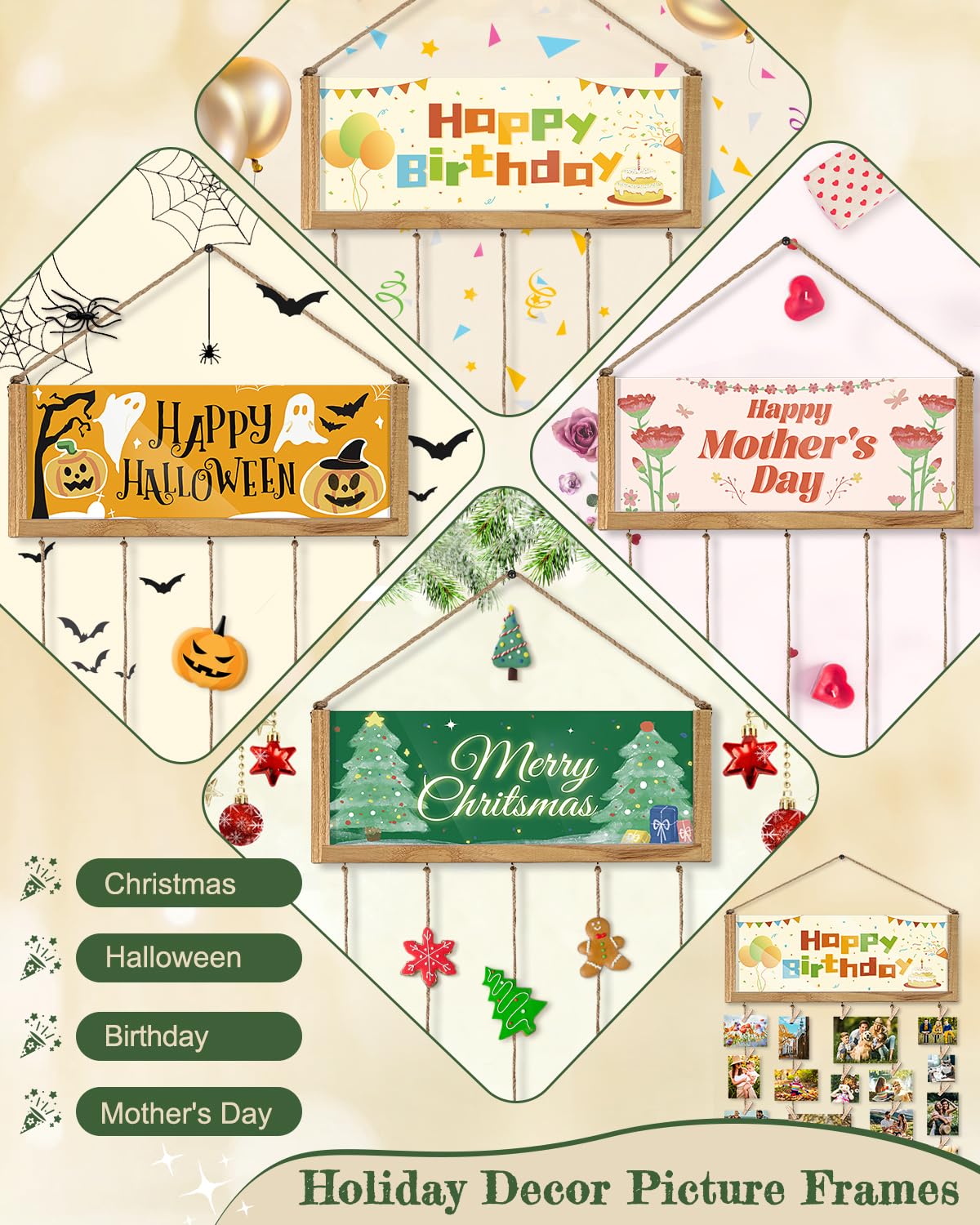 Bikoney Rustic Collage Photo Display Wall Decor with Happy Birthday Banner, Gift Card Storage and 30 Clips for Dorm Room, Bedroo