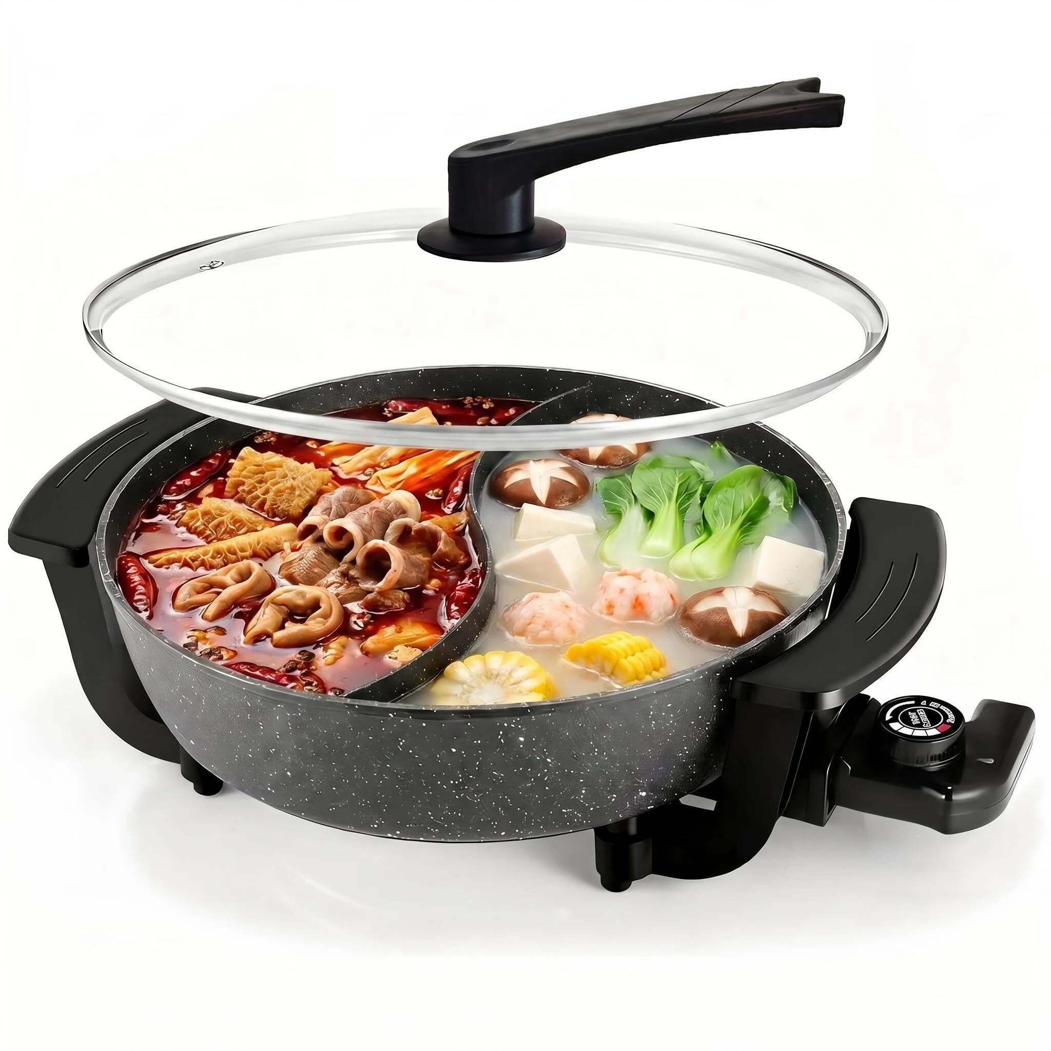 6L Electric Hot Pot with Divider  DualFlavor Fondue & Shabu Shabu Pot, 1600W with 5Temp Control, NonStick & BPAFree, Perfec