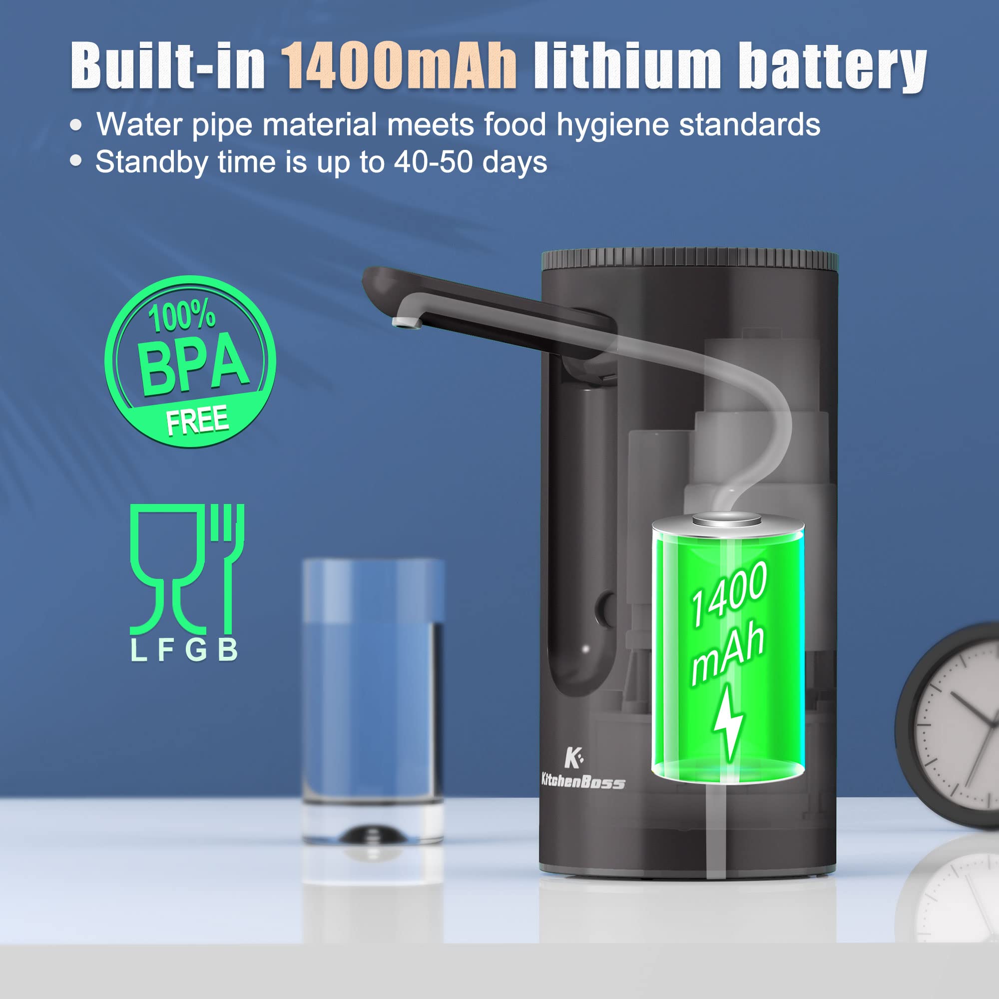 Universal Water-Bottle Pump Dispenser 5-Gallon: KitchenBoss Foldable Automatic Water Bottle Pump  Portable Electric Drinking Water Pump USB Charging 1-5 Gallon Water Bottle Switch Onyx Black