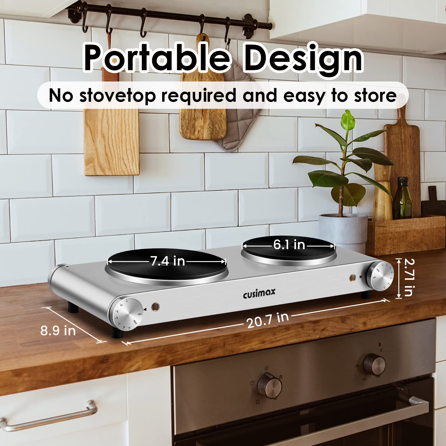 Cusimax Hot Plate, Electric Double Burner, 1800W Cast Iron Countertop Cooktop, Portable For Cooking, Compatible For All Cookware