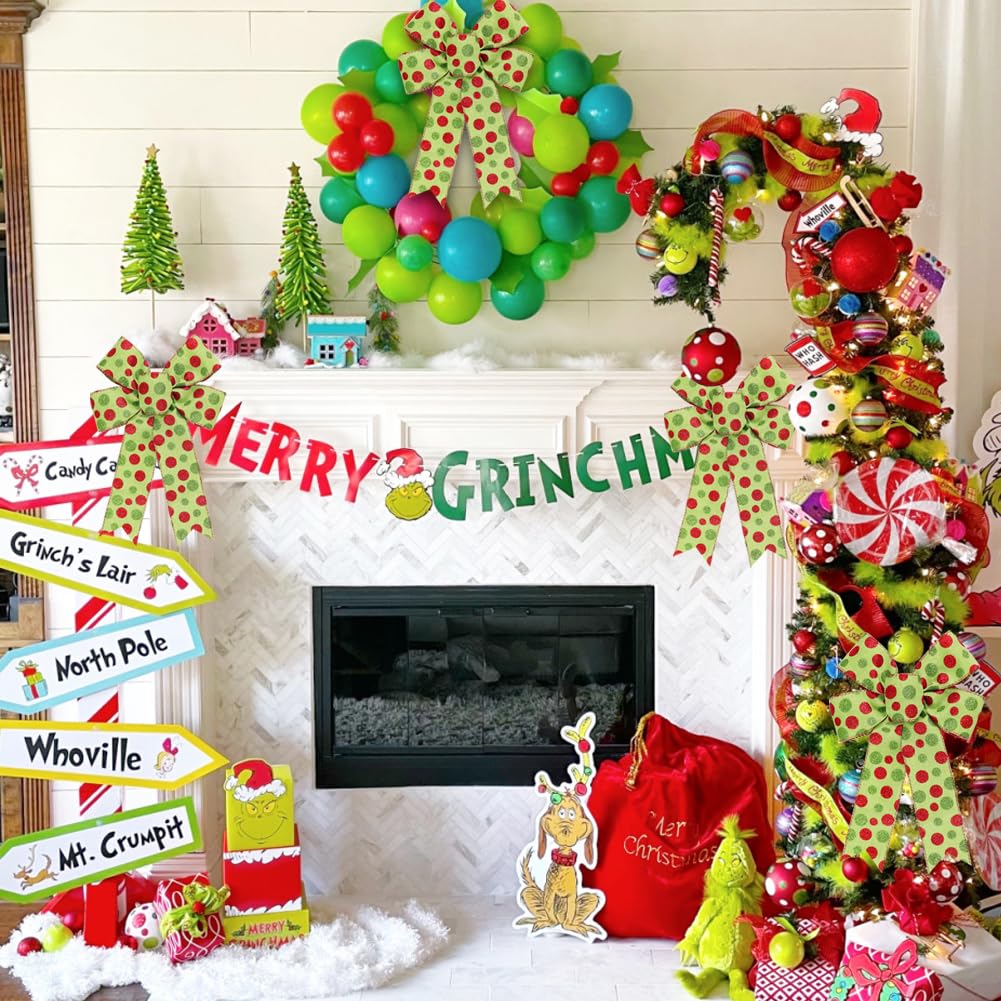 10 Pack Red Green Bows Christmas Tree Decorations,9   x13    Large Wreath Bow with Glitter Red Green Dot for Xmas Home Fence Sta