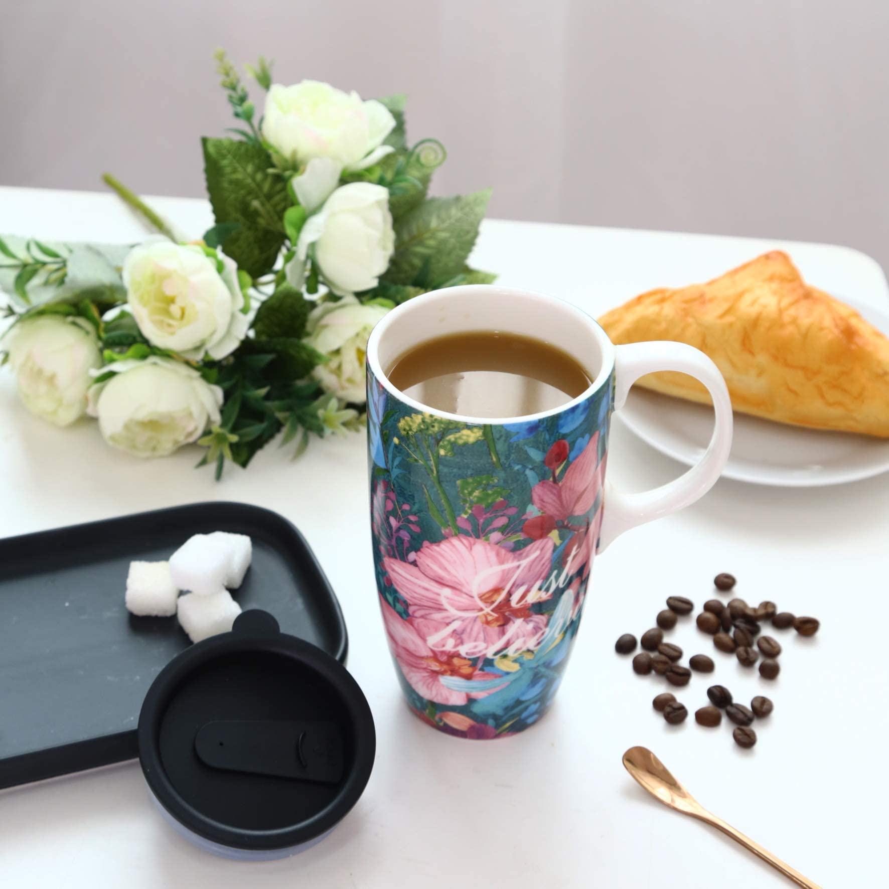 Dusvally Ceramic Mug Large Coffee Cup Tall Travel Mugs Porcelain Latte Tea Cup With Lid And Color Box 17Oz,Just Believe